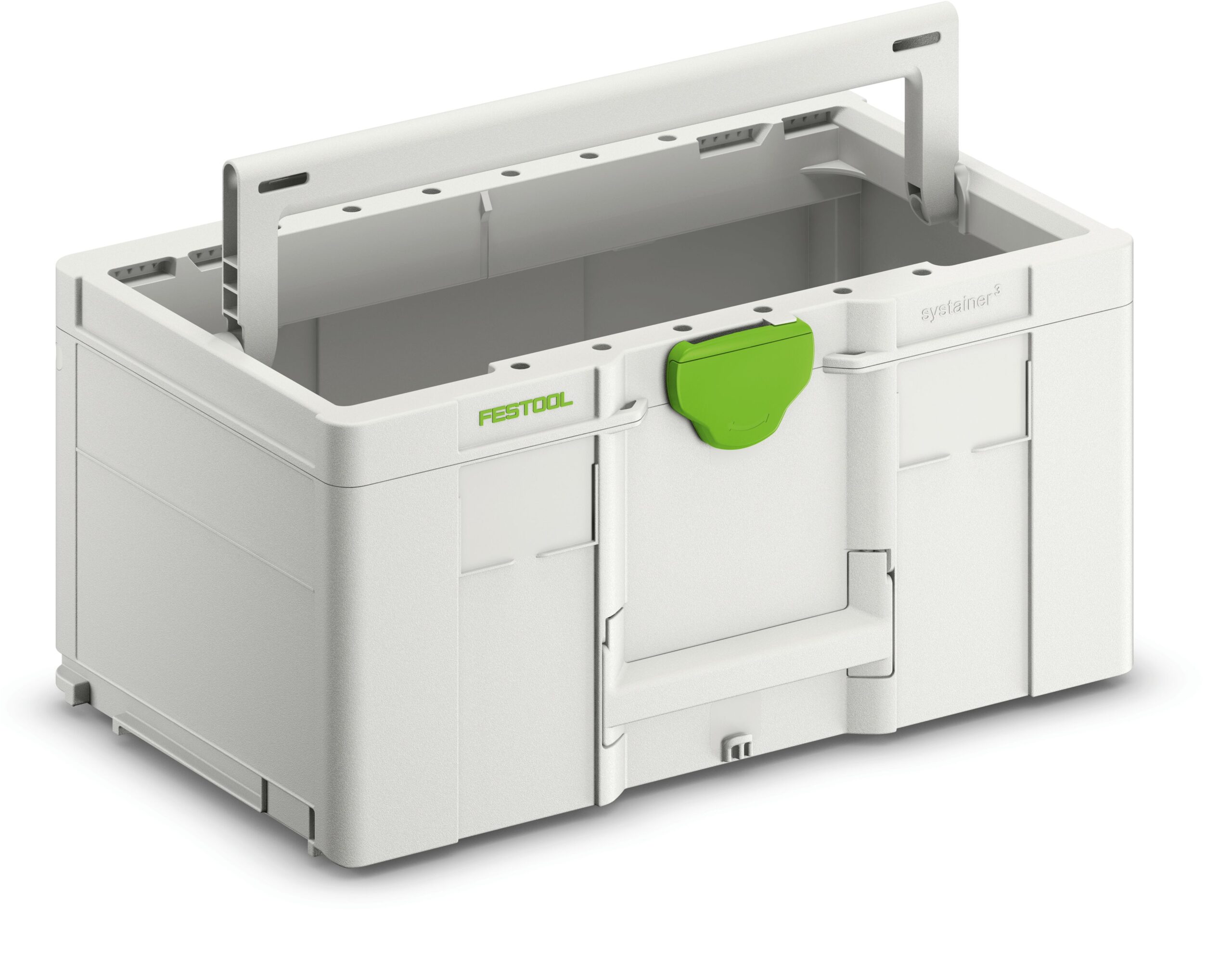 A white plastic toolbox with a green latch and gray handle, viewed at an angle. The box has indented sides and a rectangular shape.