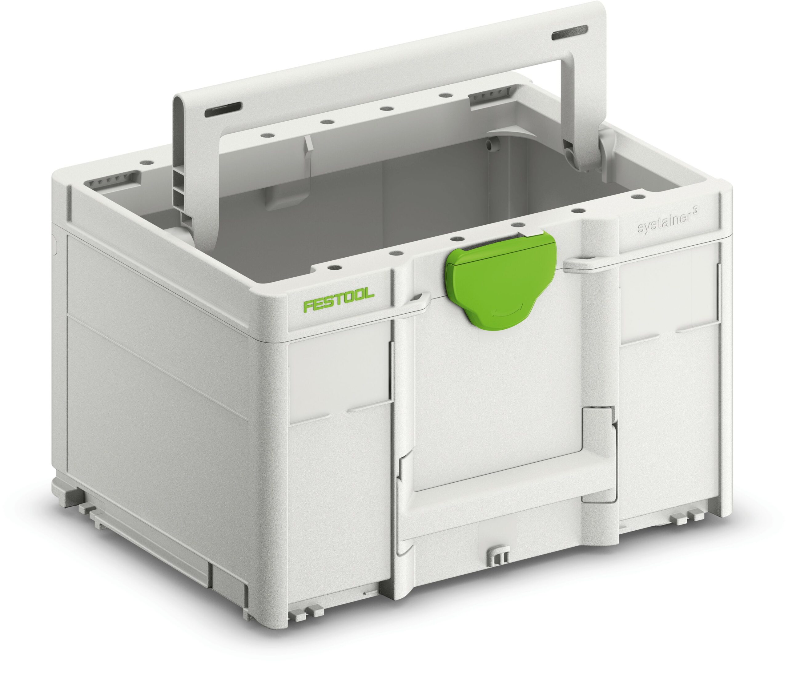 A white plastic storage box with a green latch, built-in handle, and open top, used for organizing tools or materials.