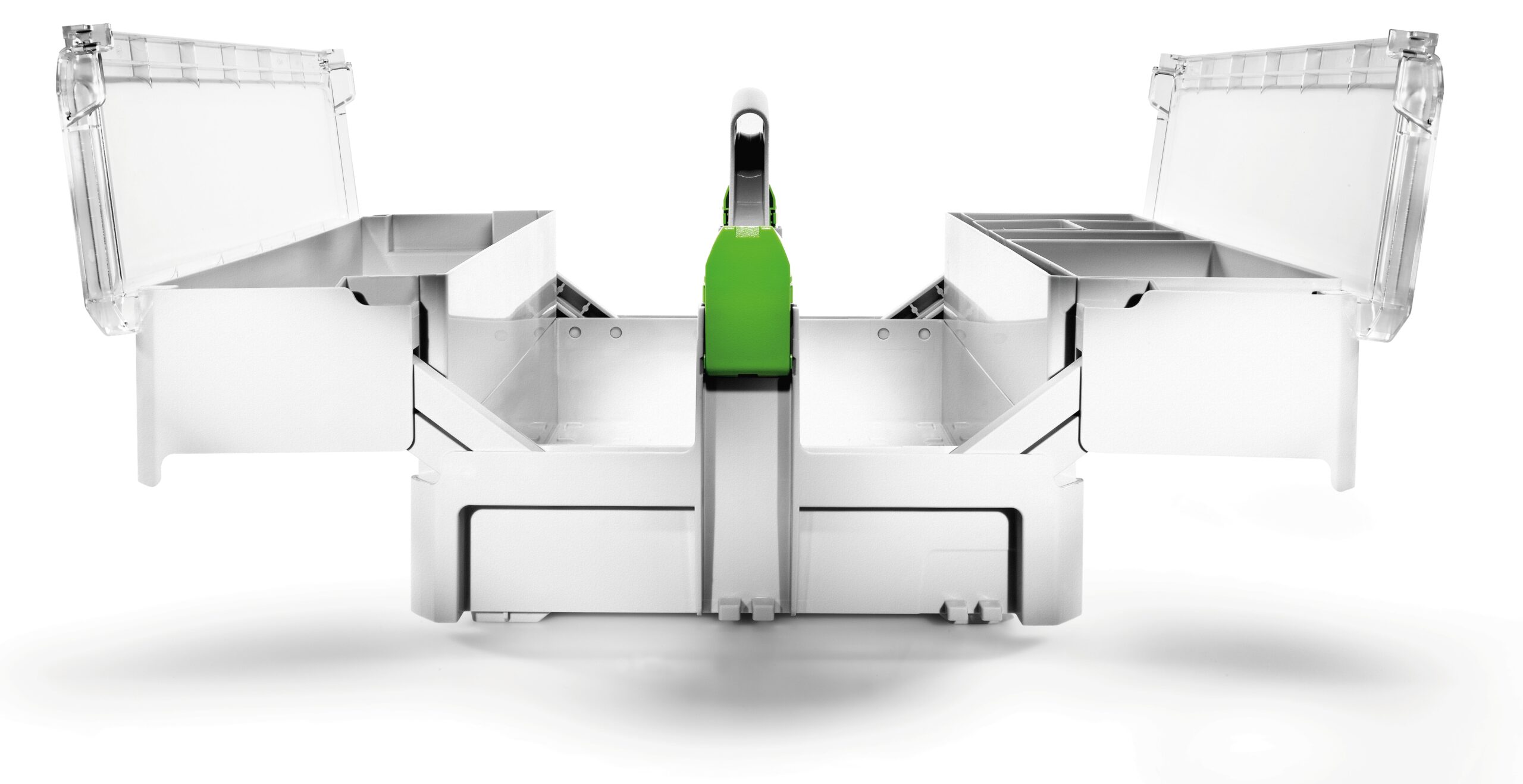 A silver metal toolbox with open top lids and side compartments, green handle in the center, set against a plain white background.