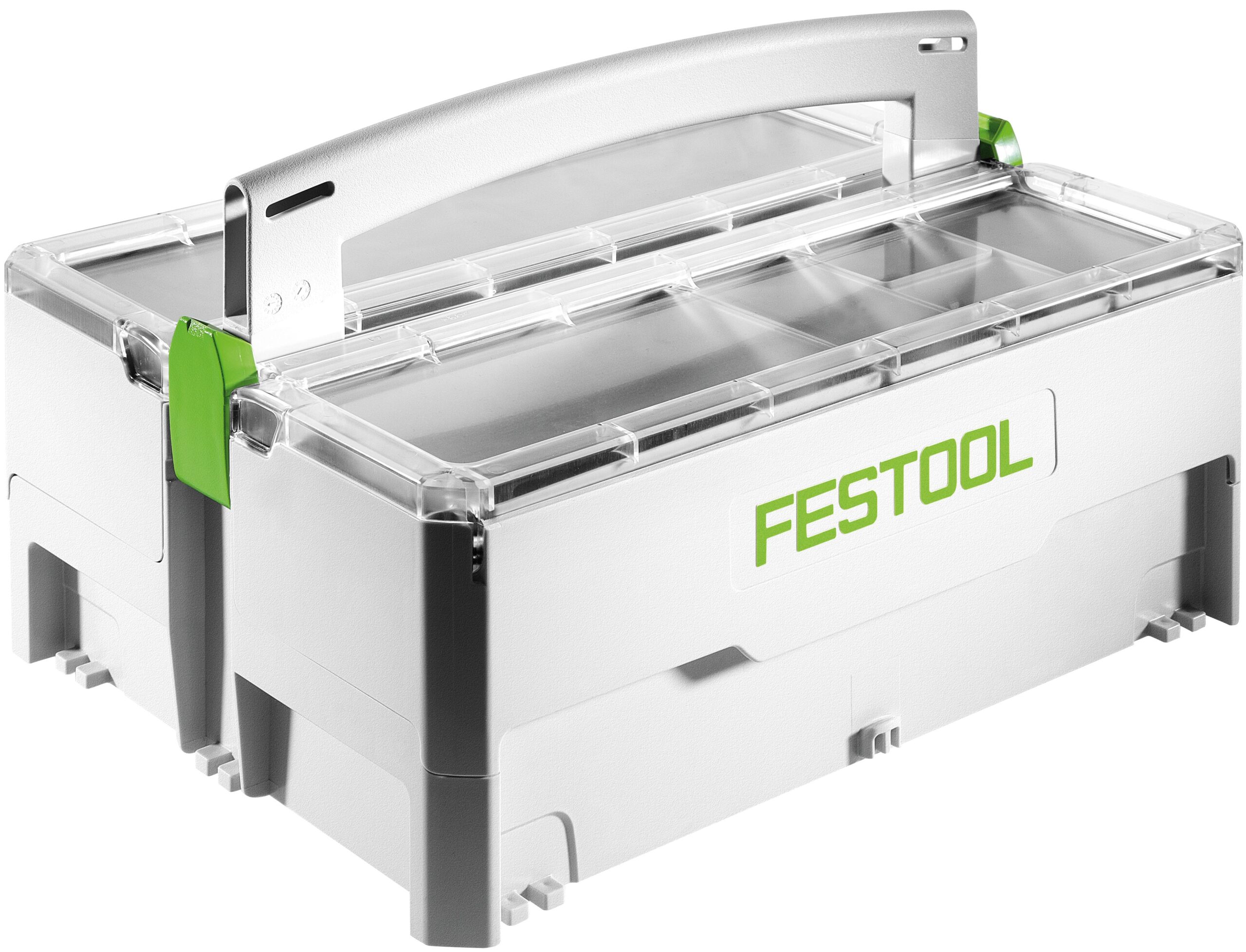 White and gray plastic Festool storage box with a clear lid, green latches, sturdy gray handle on top, and multiple compartments inside.
