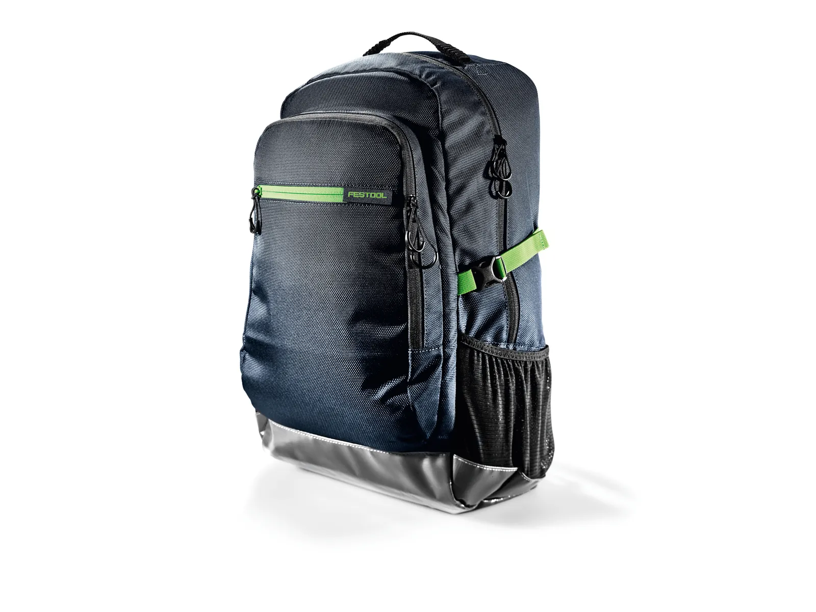A dark blue backpack with a green-accented front zipper pocket, mesh side pocket, and black handle on a white background.