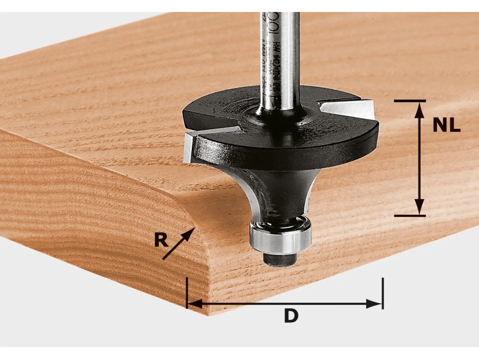 A roundover router bit shapes the edge of a wooden board, with measurements for radius, diameter, and cutting length shown.