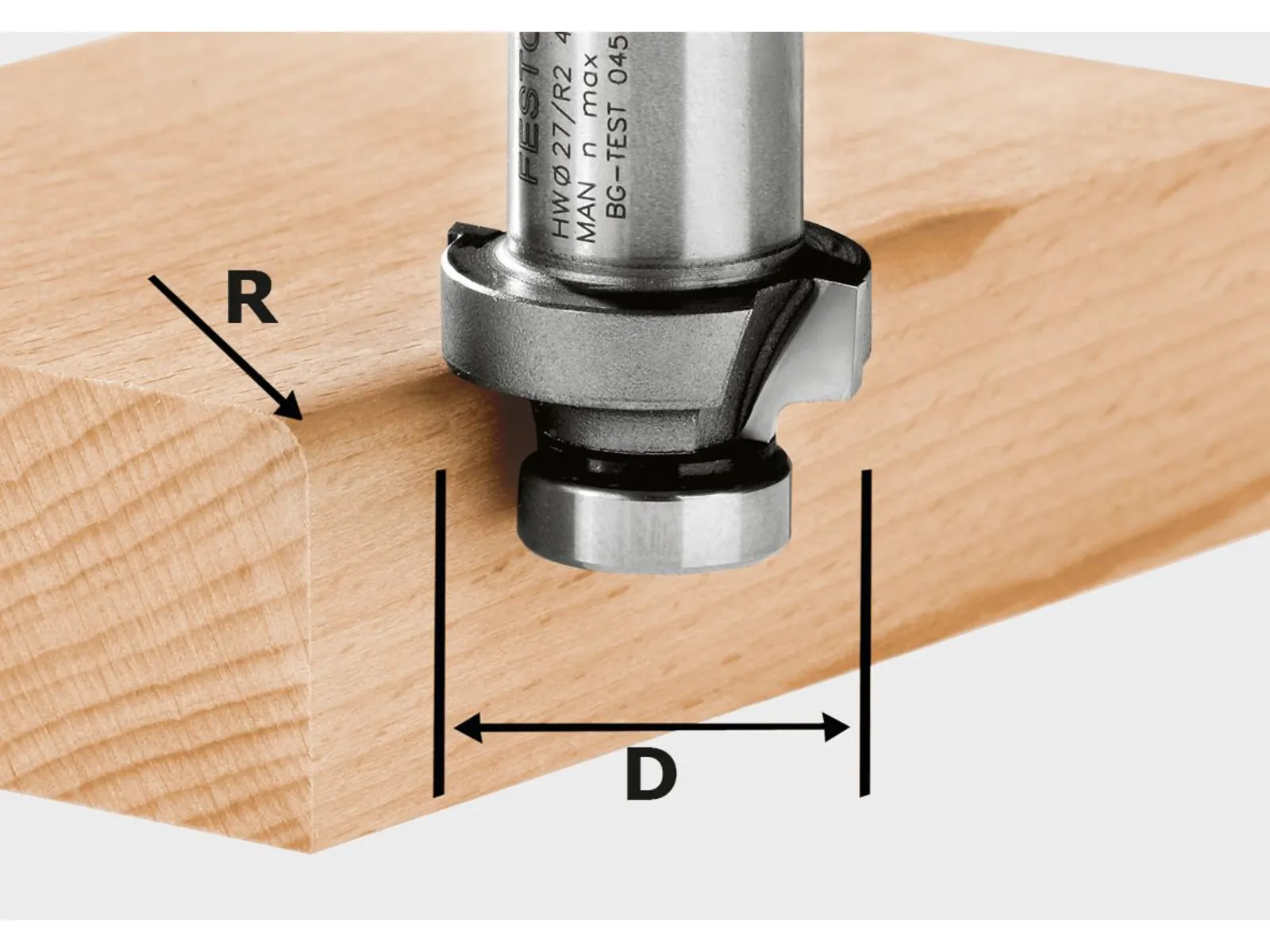 A metal router bit cuts the edge of a wooden plank, with visible dimensions for radius (R) and diameter (D).