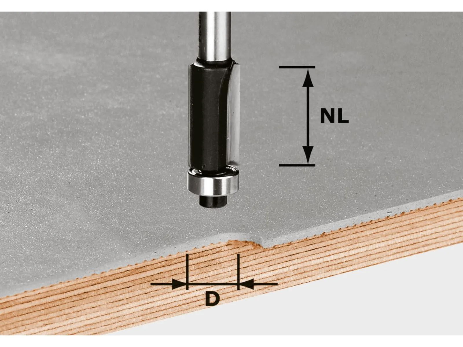 A drill bit hovers above a piece of plywood with a partially cut groove. Arrows show depth and groove width measurements.