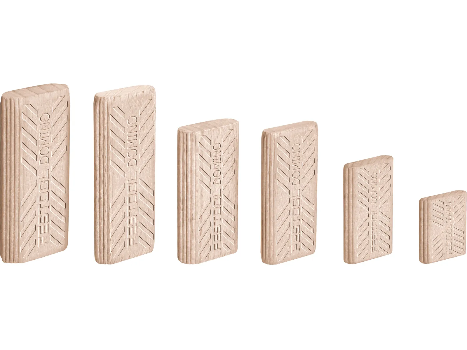 Six wooden Festool Domino tenons of various sizes are arranged in a row from largest to smallest, each with a textured pattern.