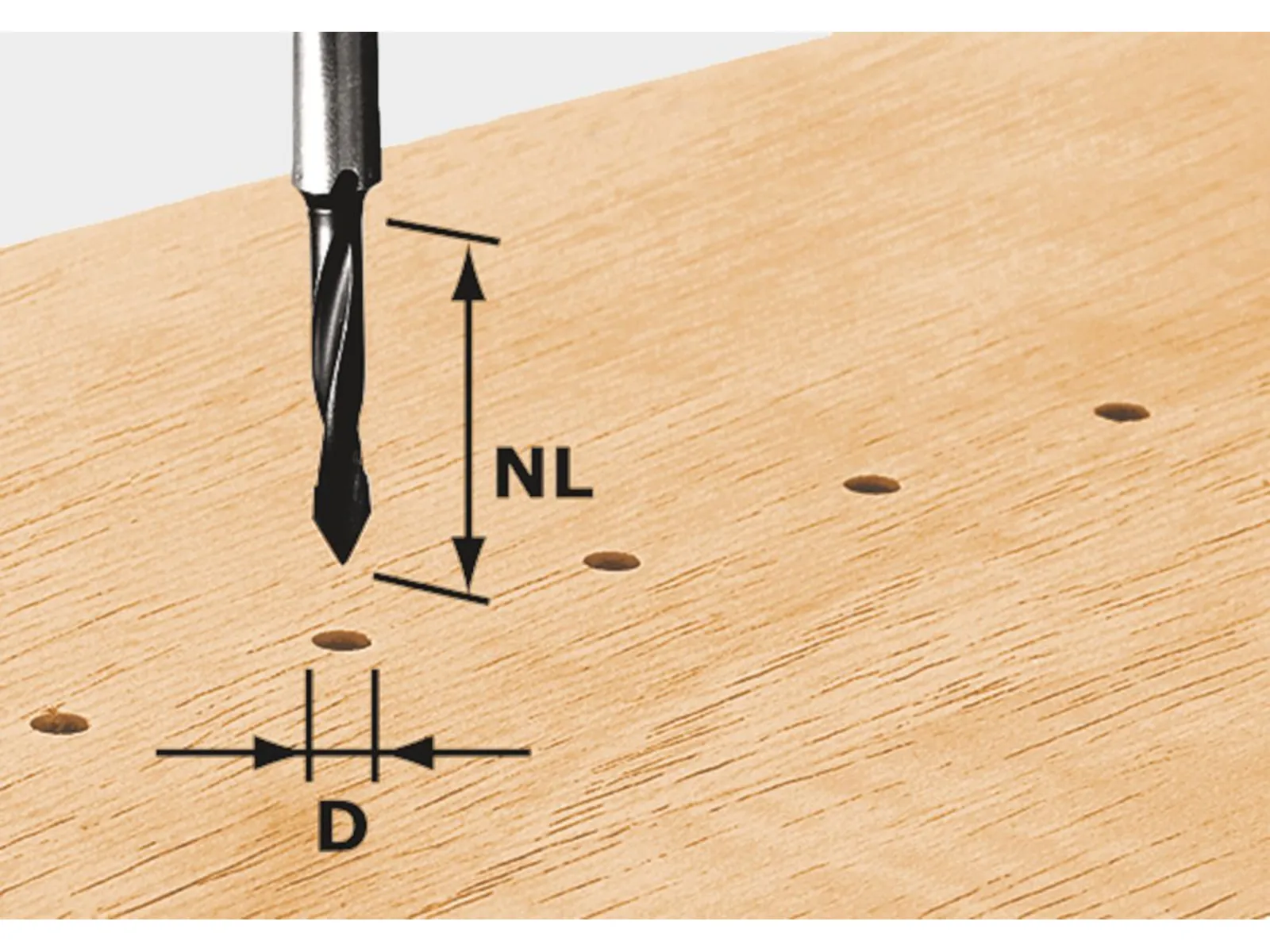 A drill bit above a wooden board with evenly spaced holes; arrows show depth and distance between holes for drilling measurements.