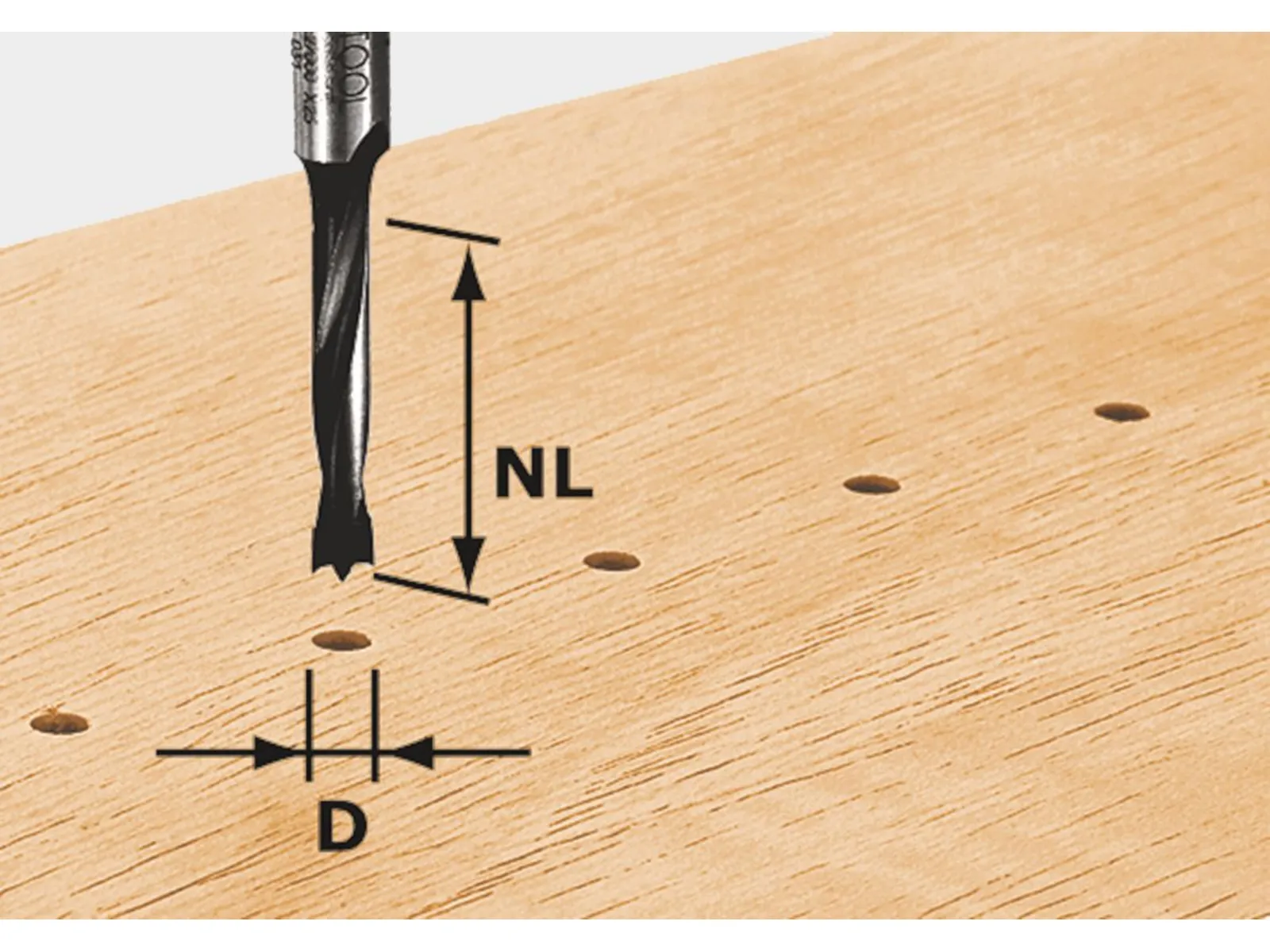 A Festool 491069 Router bit HW D10/30 Z hovers above a wooden surface with multiple holes, highlighting hole diameter and depth.