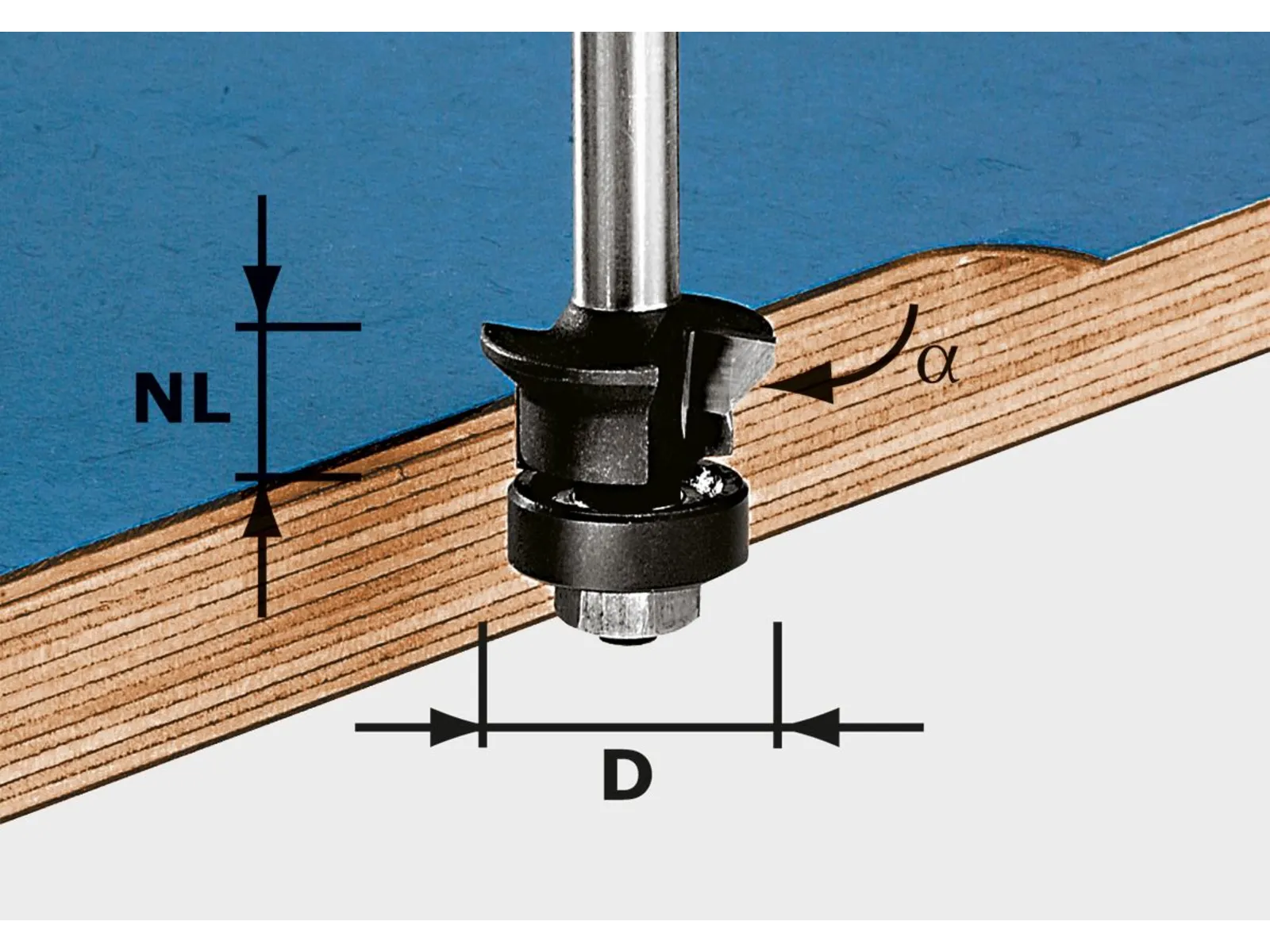 A router bit is vertically aligned above a layered wooden board’s edge, showing its depth (NL), diameter (D), and angle α.