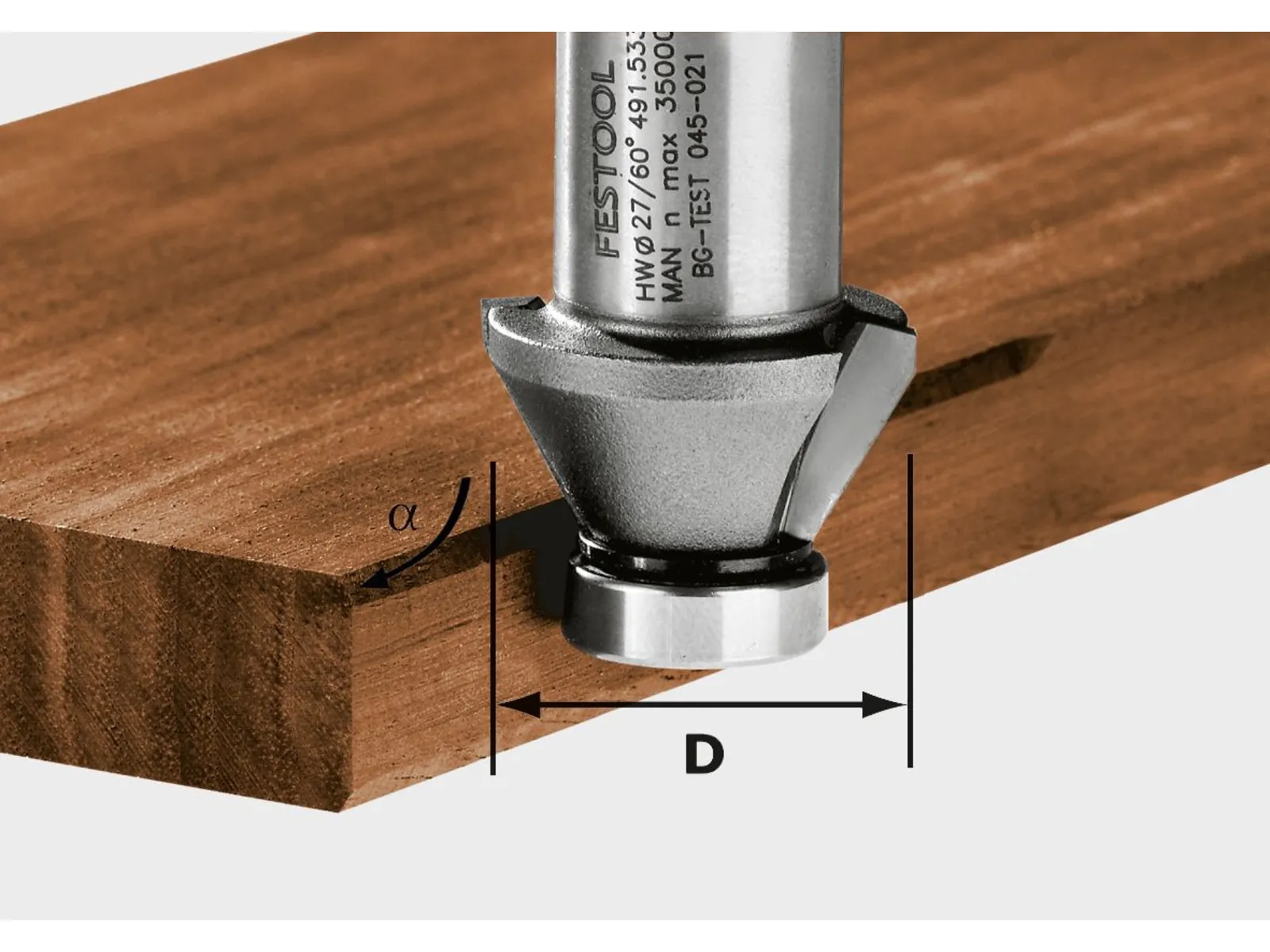 A metal router bit cuts the edge of a wooden board, with emphasis on the bit’s diameter and the angle of the cut on the wood.