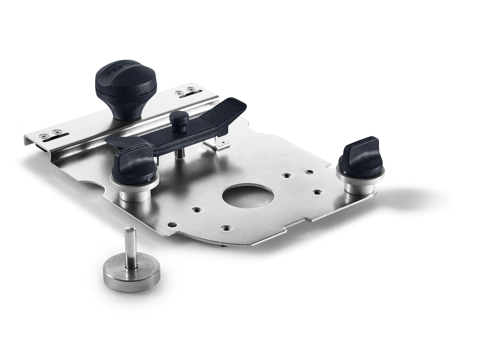 A stainless steel guide plate with black knobs and a removable metal part, compatible with the Festool 491140 cutter, on white background.