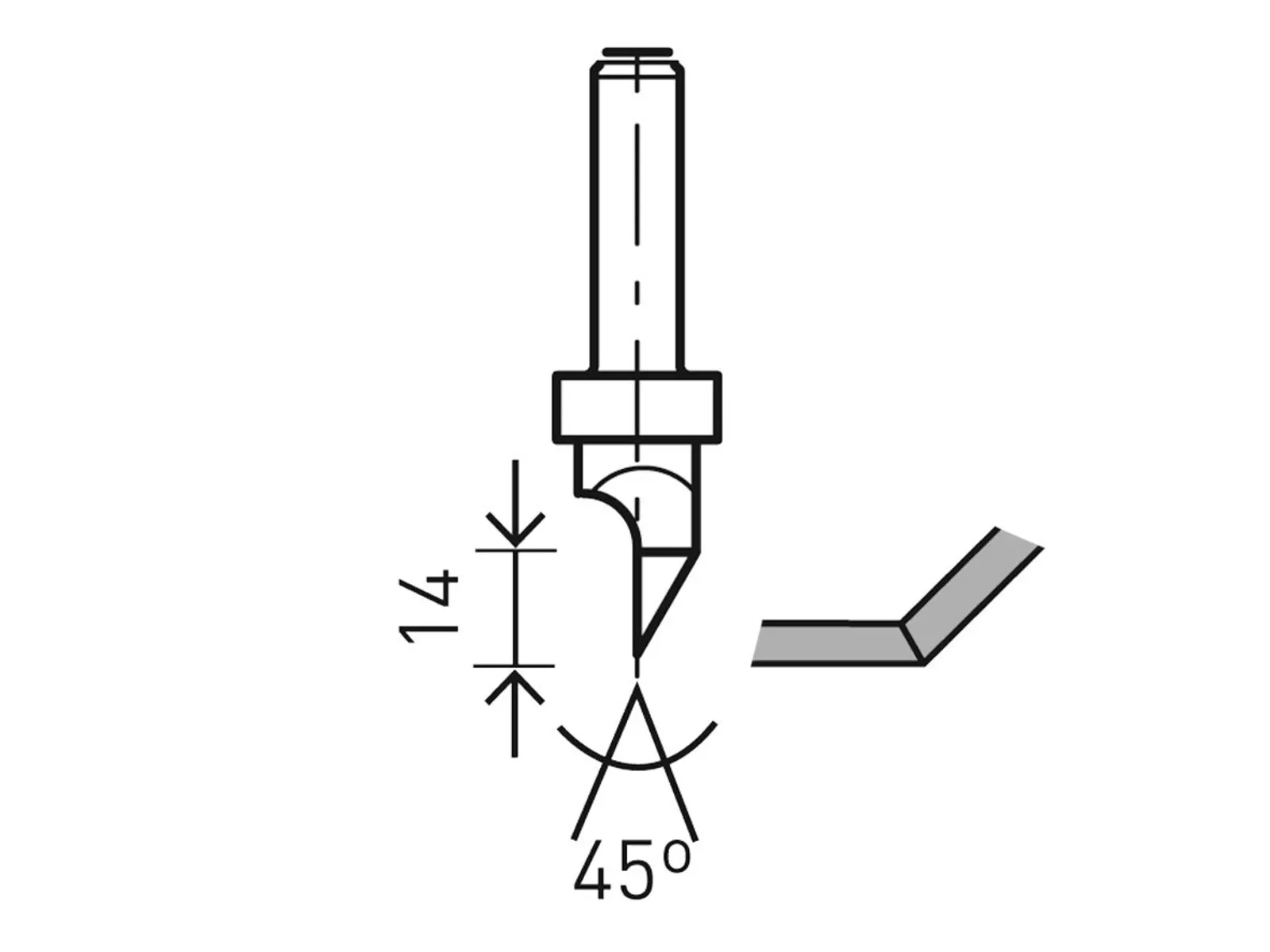 A technical drawing of a cutting tool with a 45-degree tip angle cutting a V-groove, aligned above a workpiece marked 14 mm.