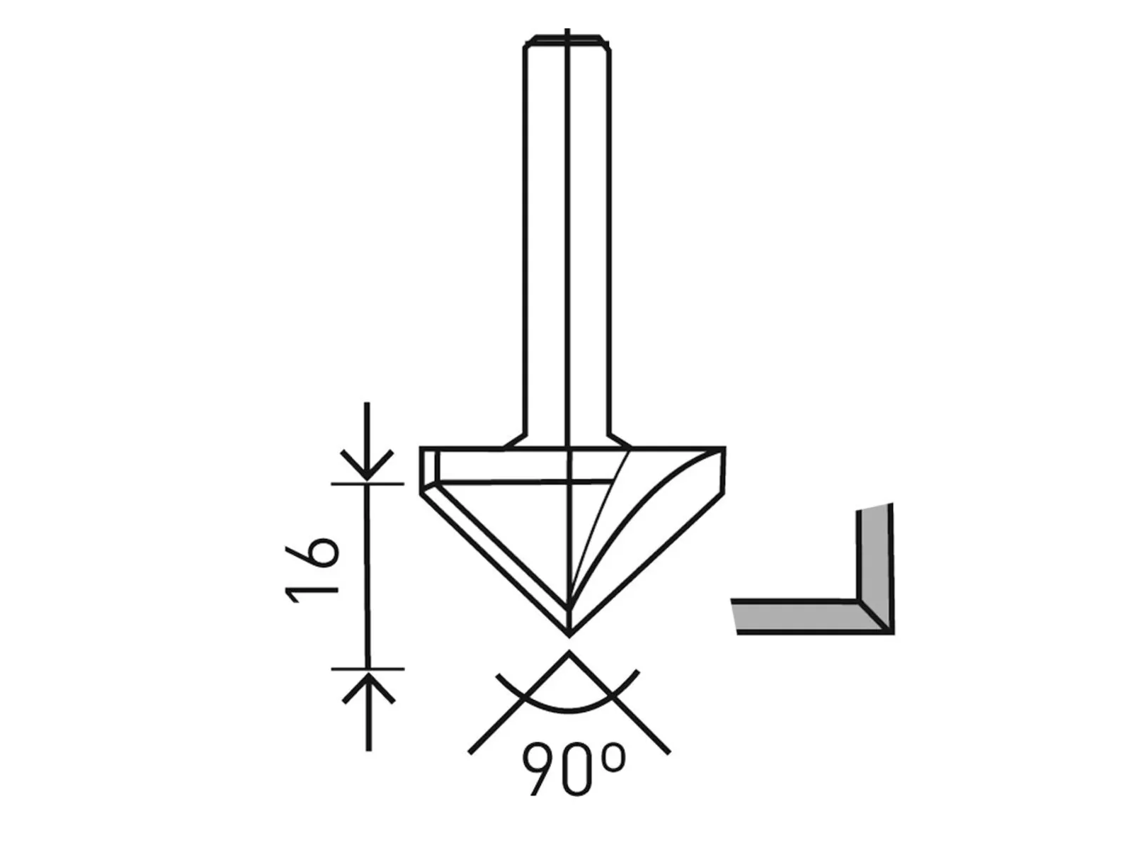 Line drawing of a 90-degree V-groove router bit with 16 mm cutting depth shown; L-shaped corner displayed on the right.