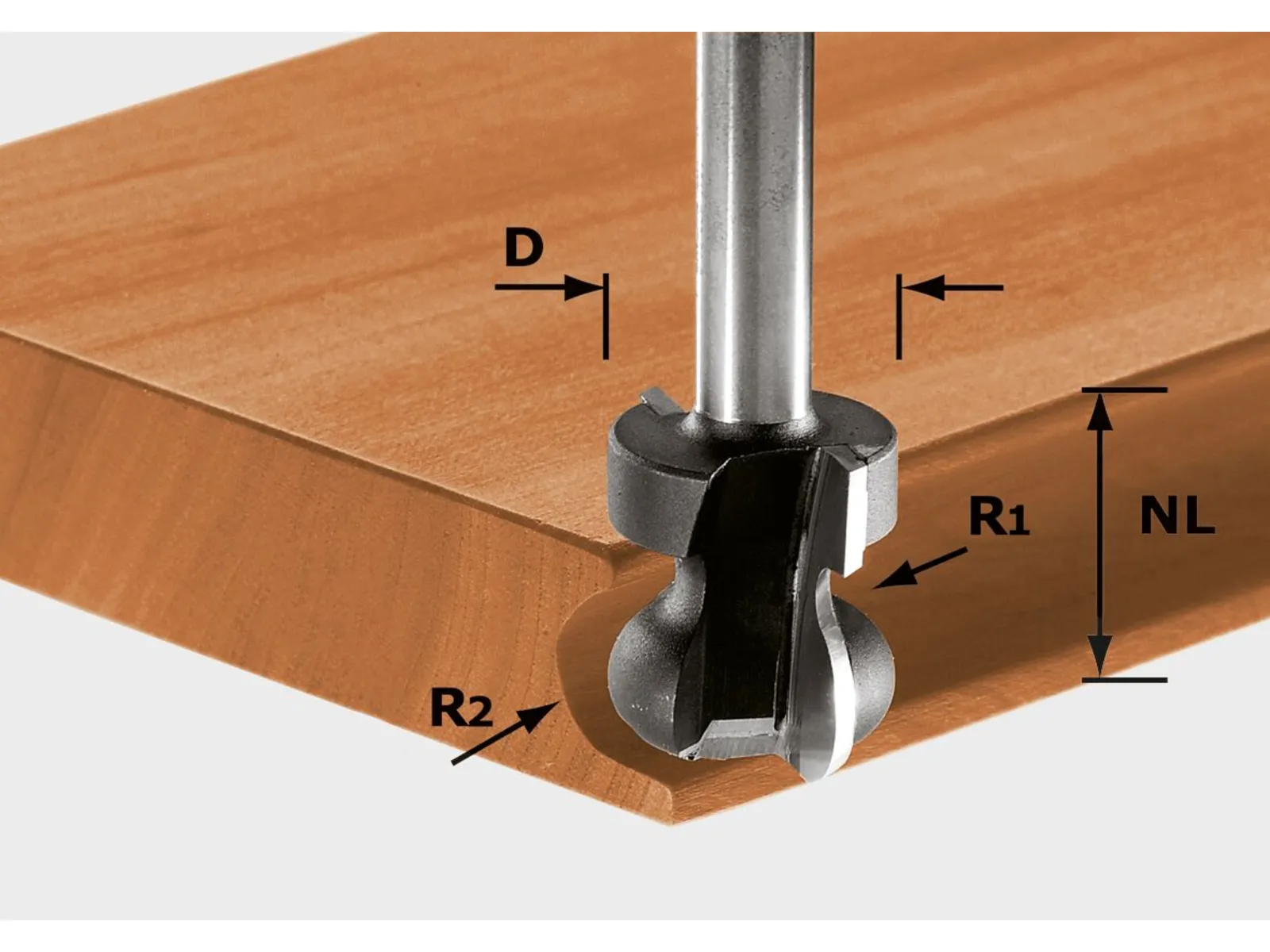 A close-up of a Festool 491140 hand rail cutter HW D22/16/R2,5+R6 carving a wooden board edge.
