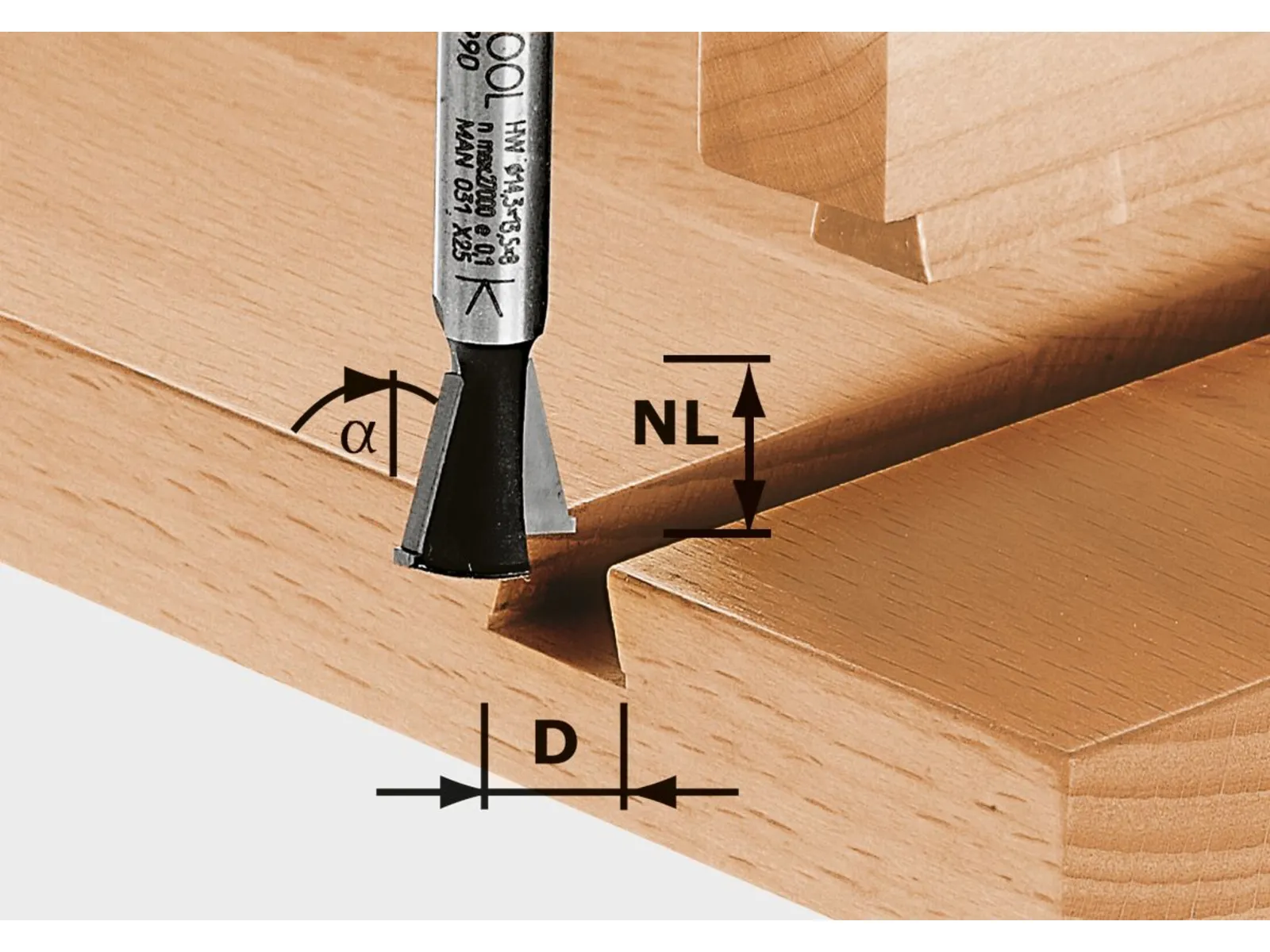 A woodworking tool cuts a groove into a wooden board, with arrows and lines showing depth, width, and angle measurements.