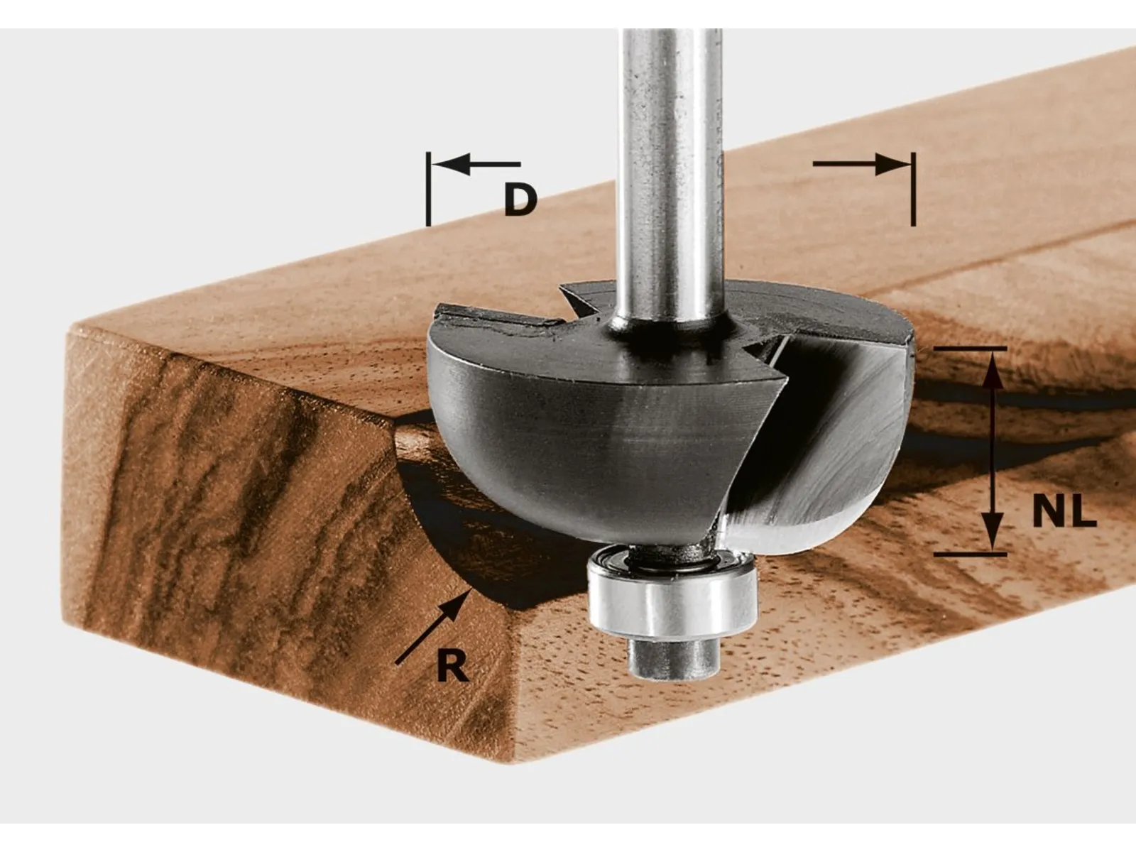 A round router bit with bearing carves a groove along the edge of a wooden board, showing diameter, radius, and notch length.