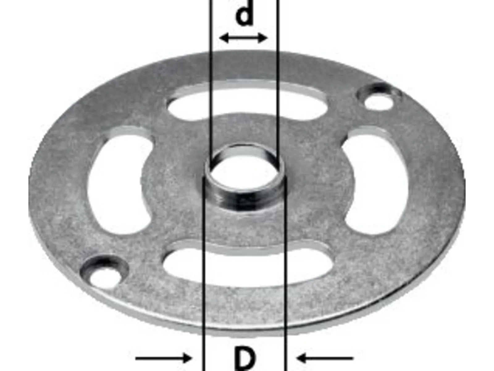 A round metal plate with three elongated slots, two circular holes, and arrows measuring inner diameter d and outer diameter D.
