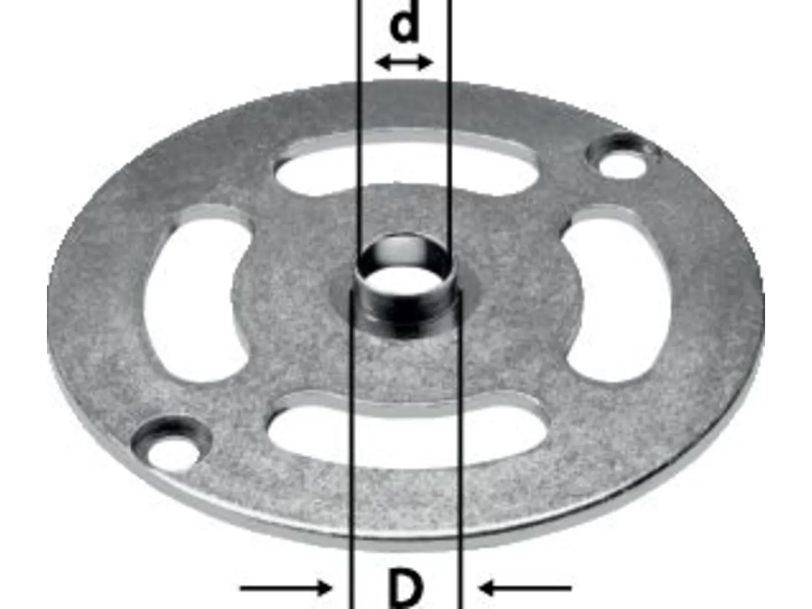 A round metal plate with three oval slots, a small circular hole, and a central raised hole. Arrows indicate the dimensions D and d.