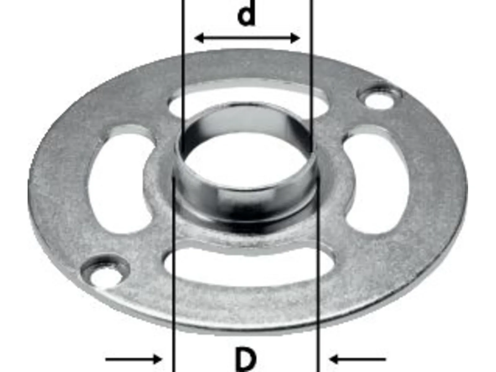 A metal circular plate with a raised central ring and three oblong holes around it, showing the inner diameter d and outer diameter D.