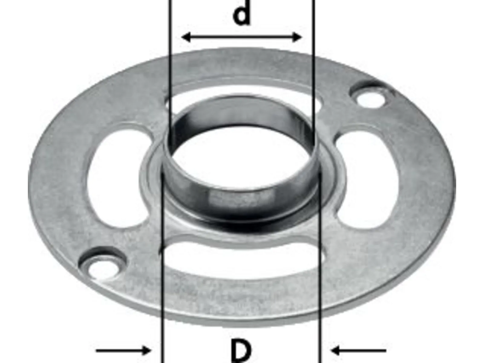A circular metal flange with two bolt holes, two elongated slots, and a raised central ring. Arrows indicate inner and outer diameters.