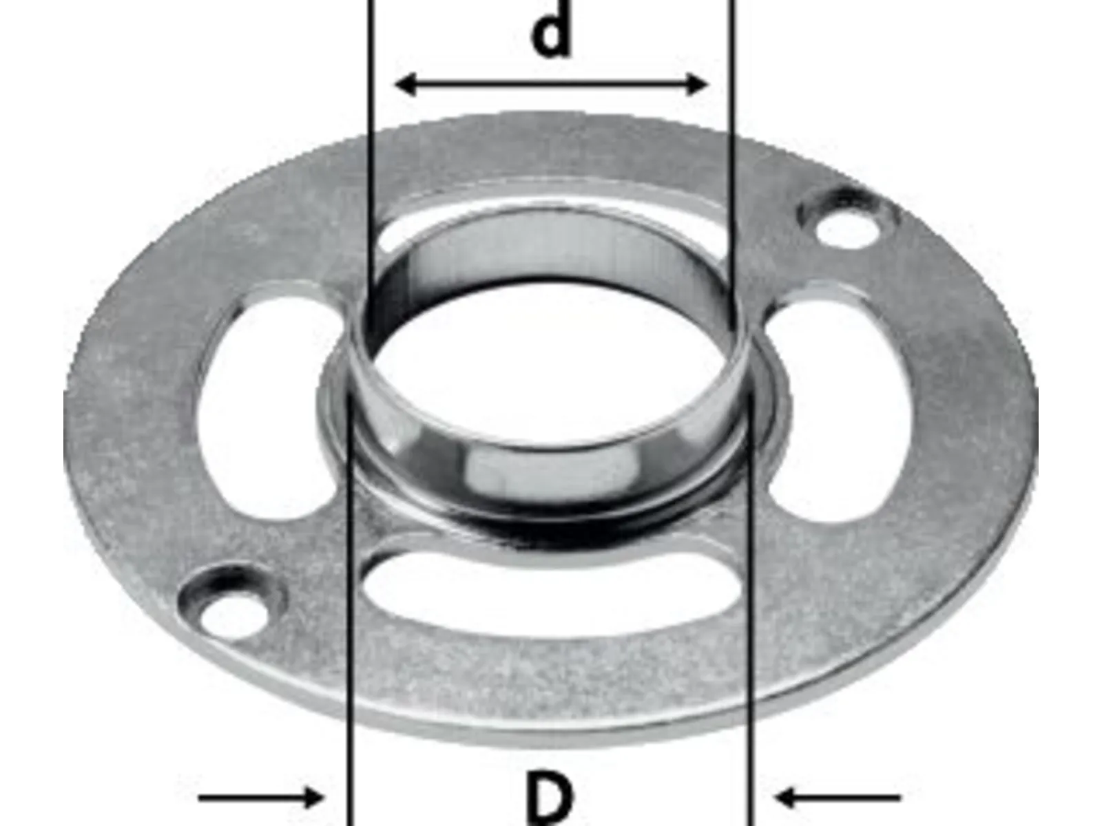 A metal circular flange with measurement arrows for inner (d) and outer (D) diameter. It has two holes and two oblong cutouts.