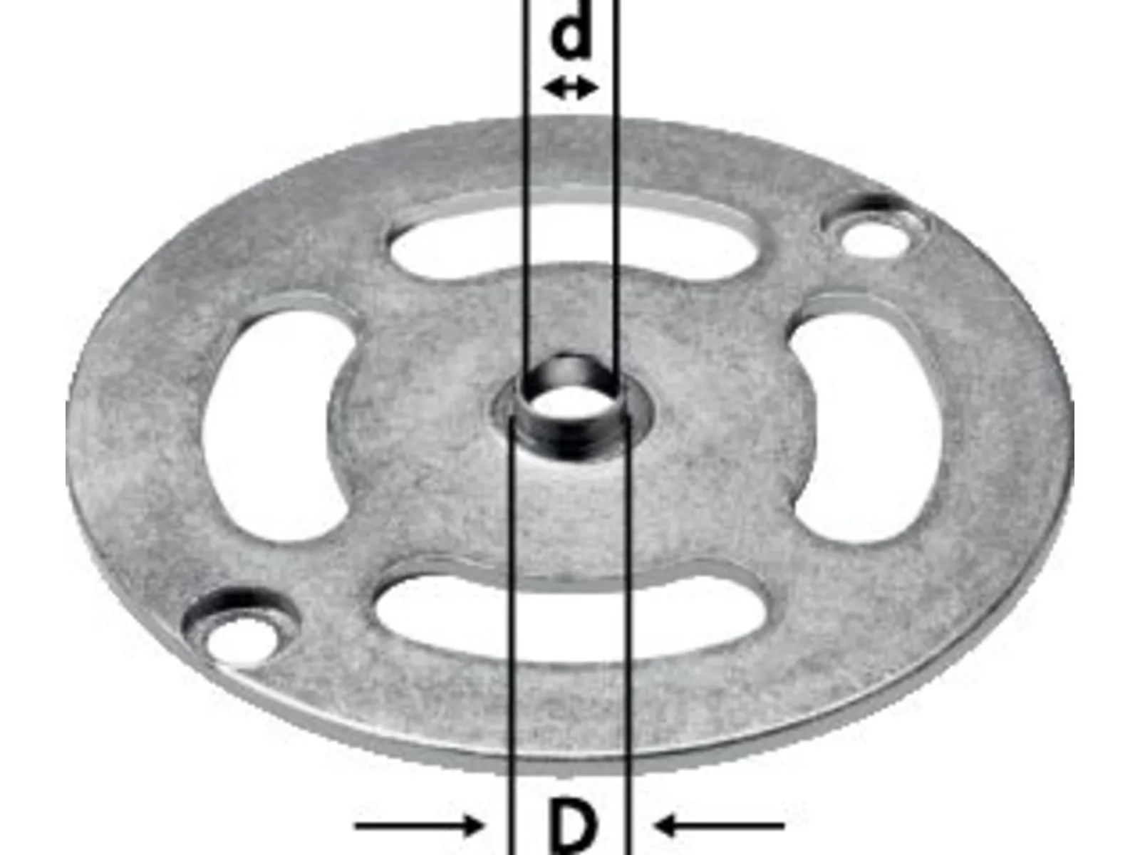 A round metal plate with a central threaded hole, three oval cutouts, and two smaller edge holes. Lines show outer and inner diameters.
