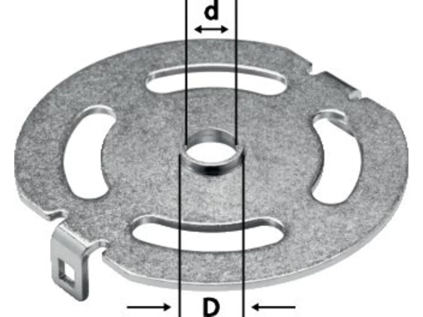 A round metal plate with three oval cutouts, a central hole, and a tab with a rectangular slot extending from the edge.