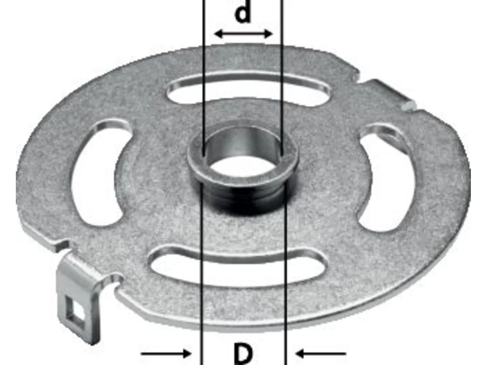 A round metal plate with three oval cutouts, a central raised ring, two diameter lines, and a small rectangular tab on the edge.