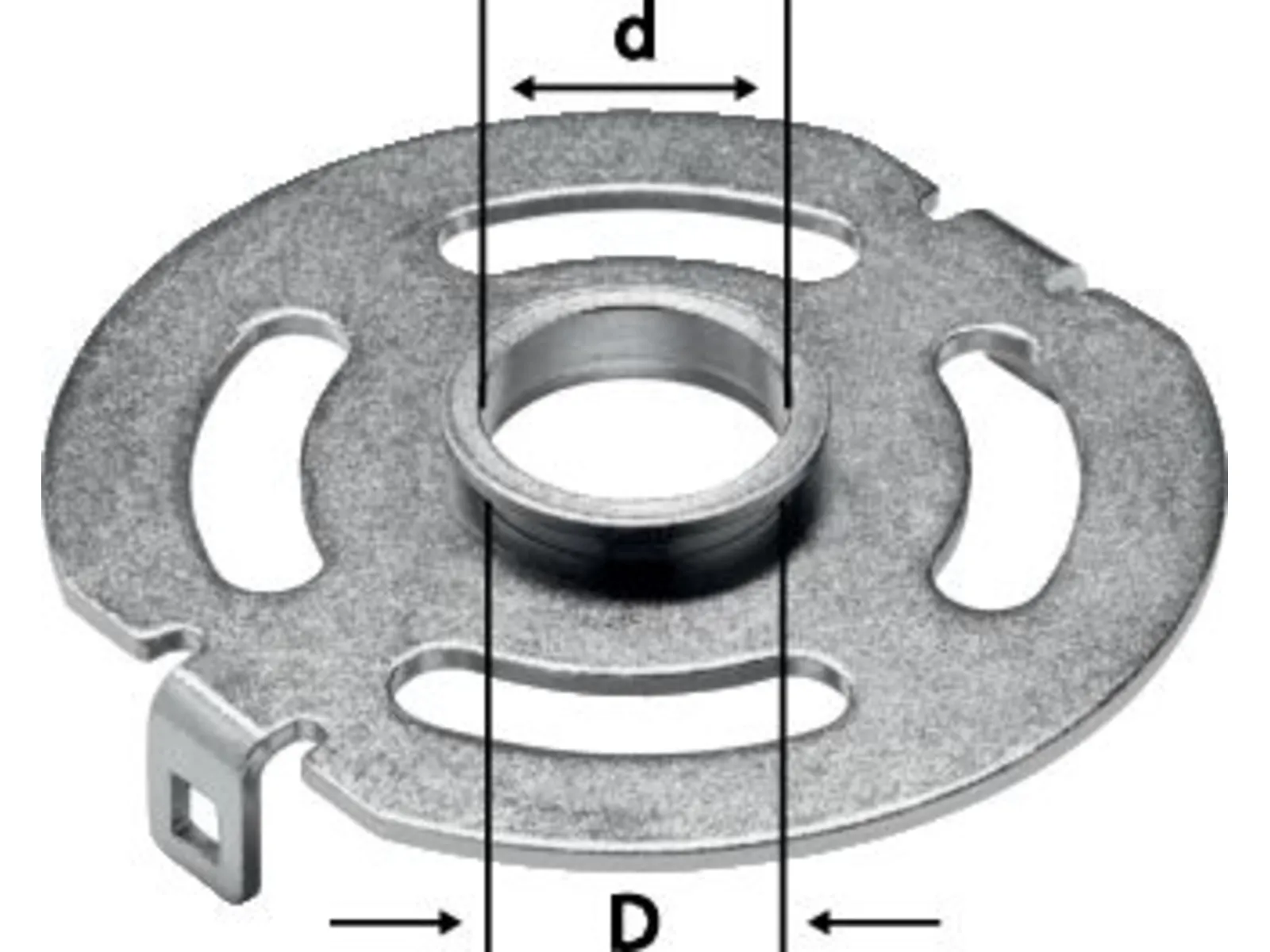 A round metallic component with three elongated slots, a central raised ring, and a small square tab; arrows show inner and outer diameter.