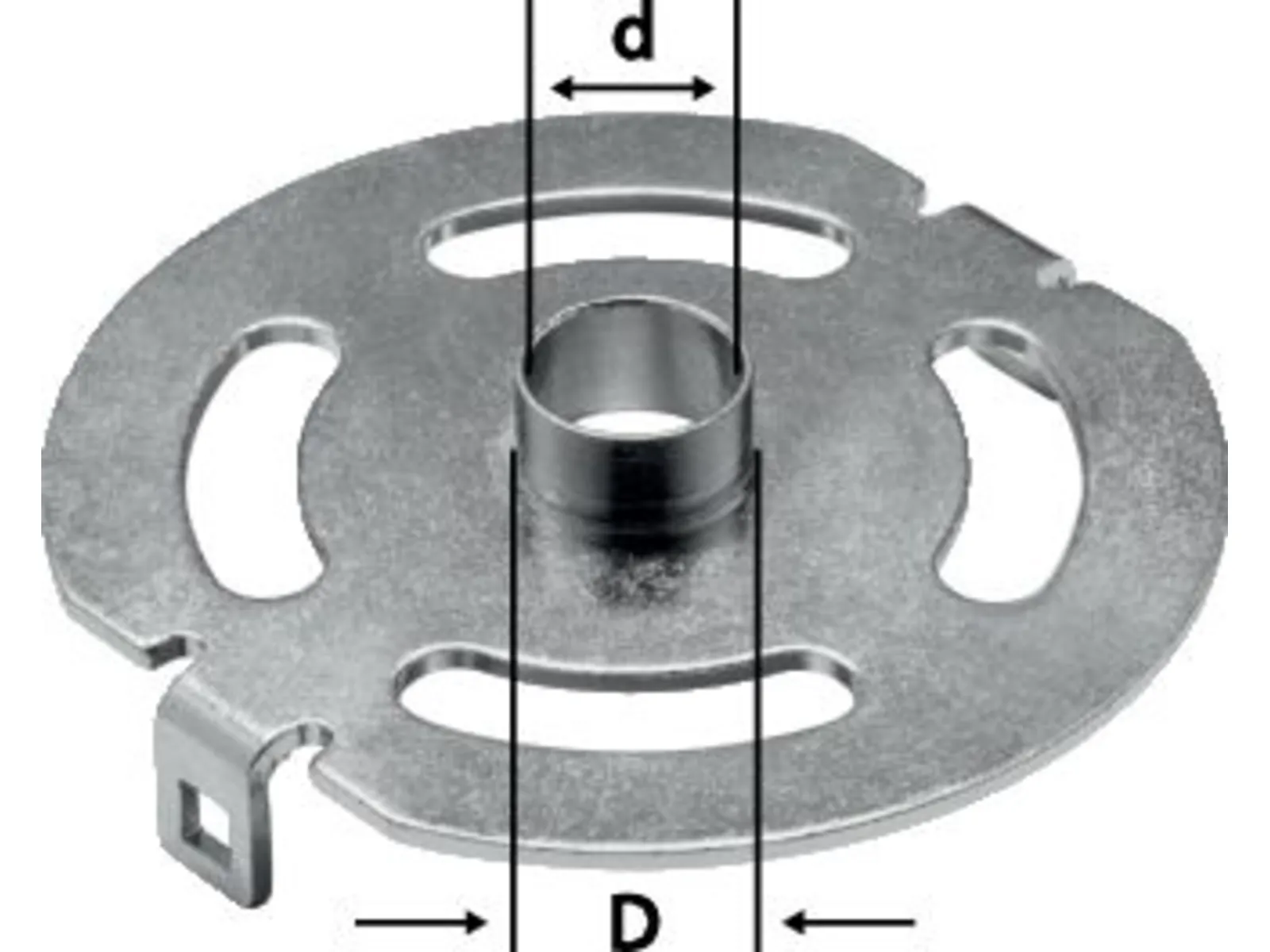 A round metallic plate with three elongated oval slots and a raised central hub, dimensions shown with double-headed arrows.