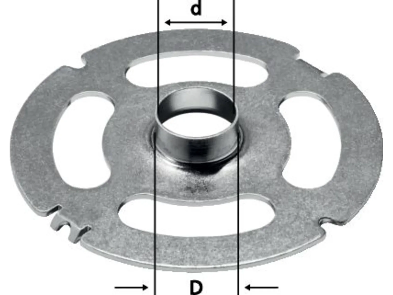 A round metal plate with three large oval cutouts, a raised central section, and a small notch on the edge.