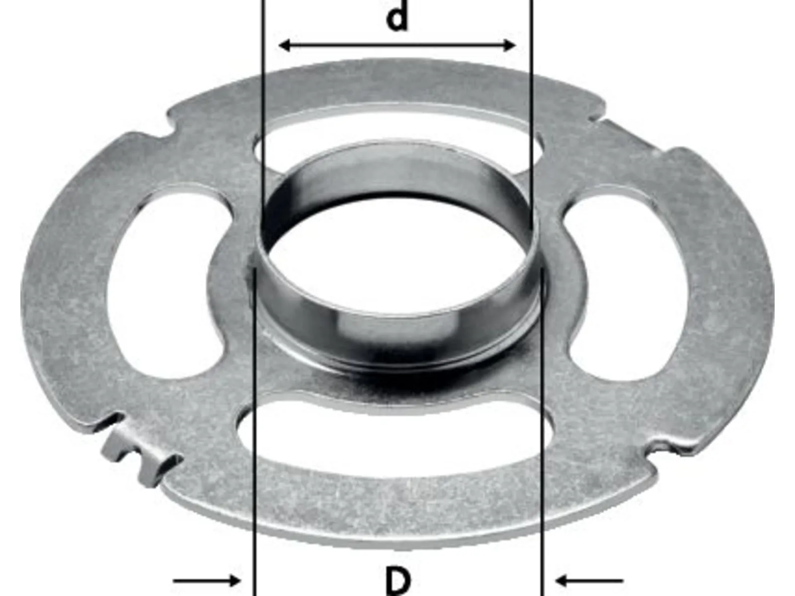 A round metal component with a raised central ring and three elongated oval cutouts.