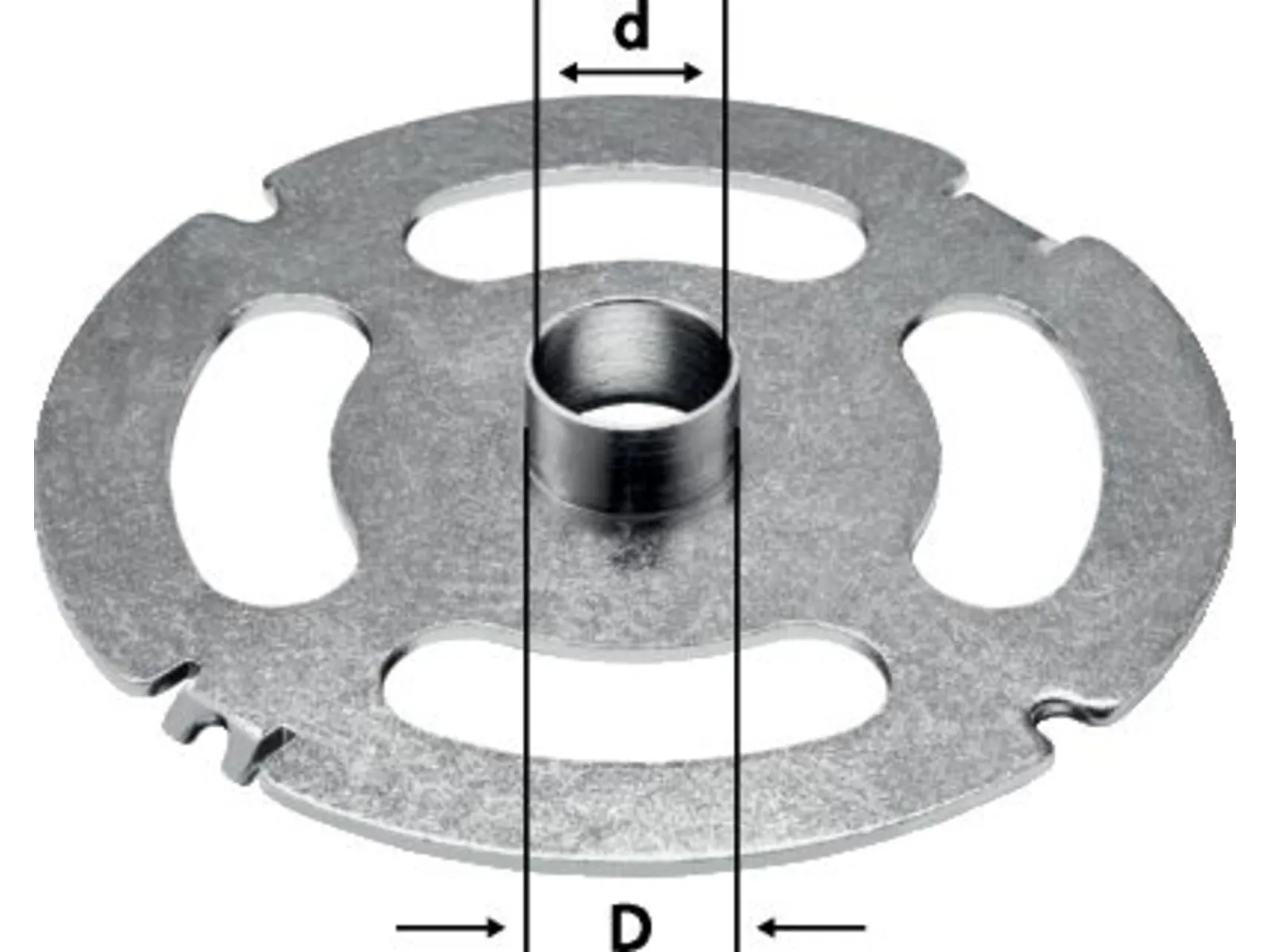 A round metal disc with four elongated cutouts, a central raised hub, and a small notch on the outer edge. Two diameters are shown.