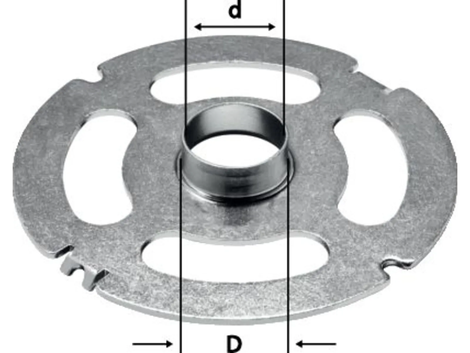 A round metal disc with three oval cutouts and a central cylindrical hub, showing arrows for inner diameter and outer diameter.
