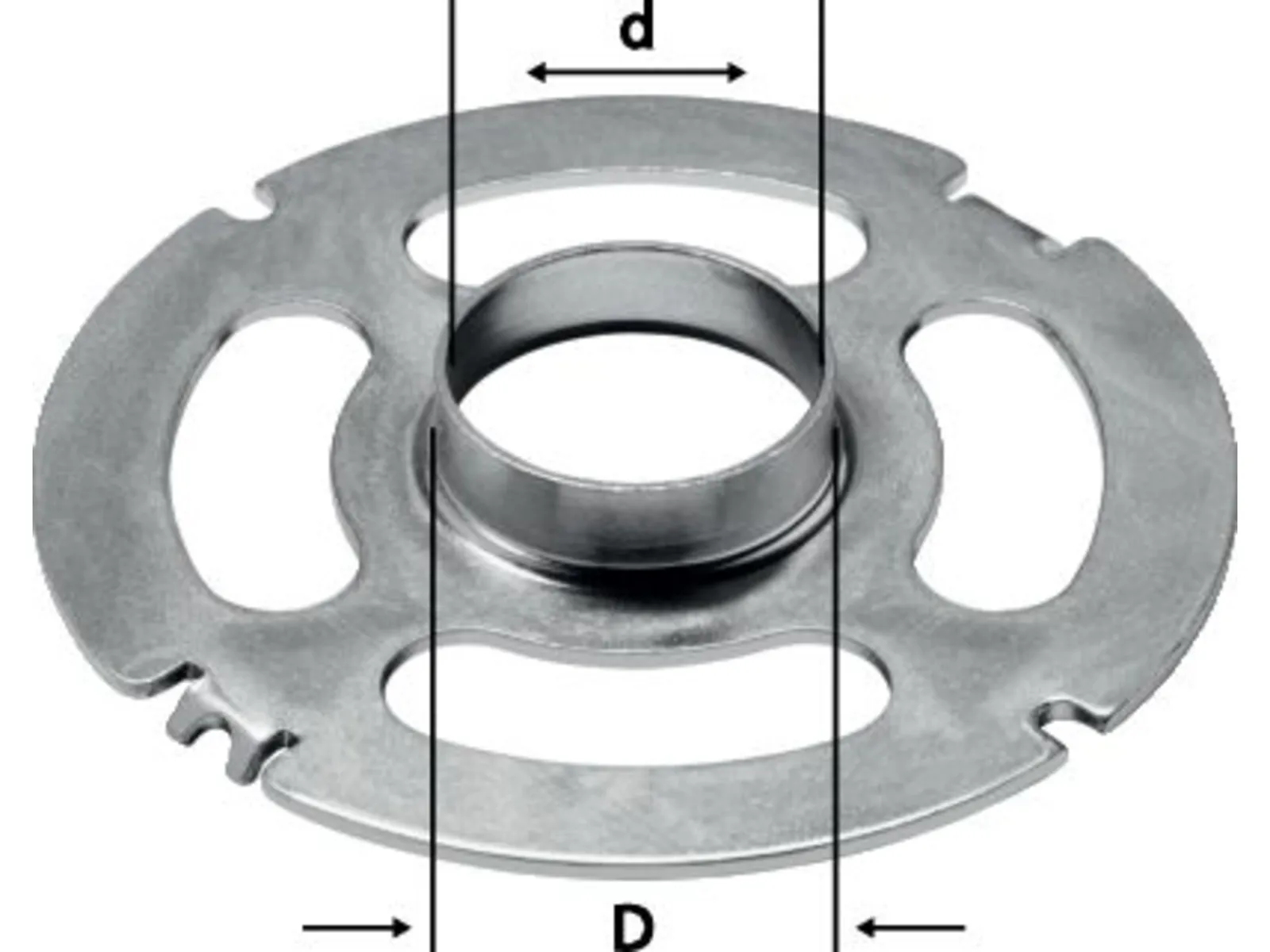 A round metal plate with three large oval cutouts and two small notches at the edge, showing inner and outer diameter measurements.