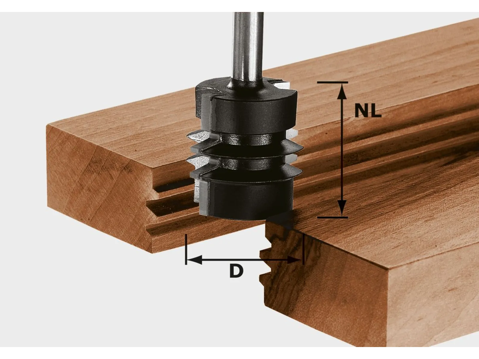 A detailed view of the Festool 491034 VERLEIMFRÄSER router bit cutting grooves in two boards, with arrows marking cut dimensions.