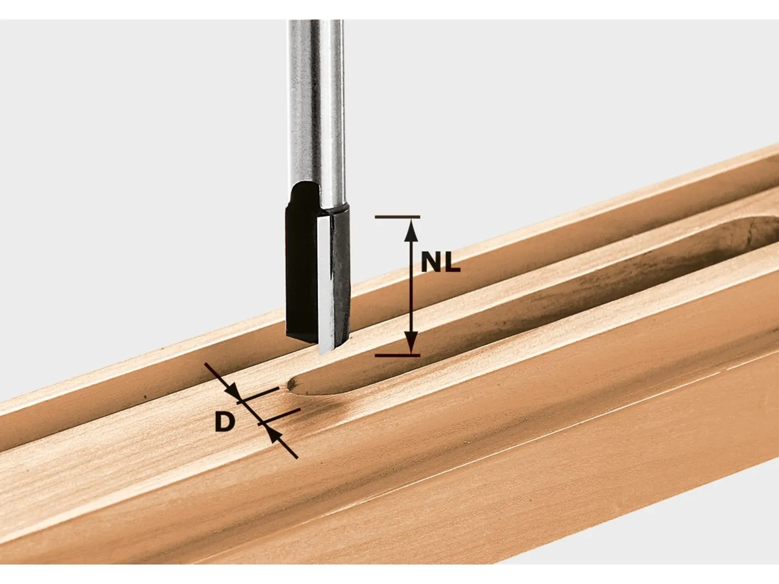 A metal router bit cuts a straight channel into a wooden board. Two arrows indicate the channel’s depth and width. Plain background.