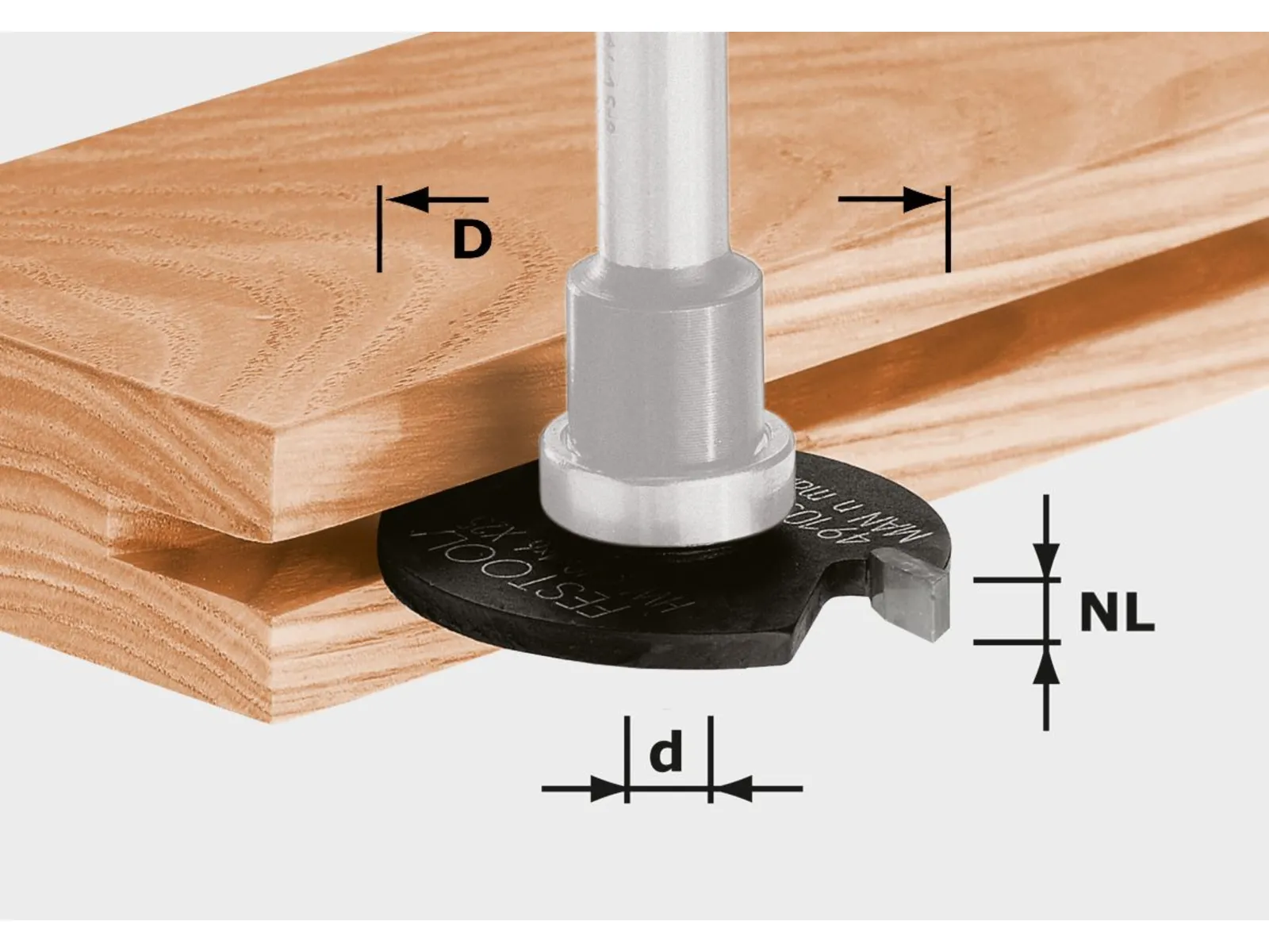 A close-up of the Festool 491034 VERLEIMFRÄSER router bit cutting a narrow groove in two stacked boards.