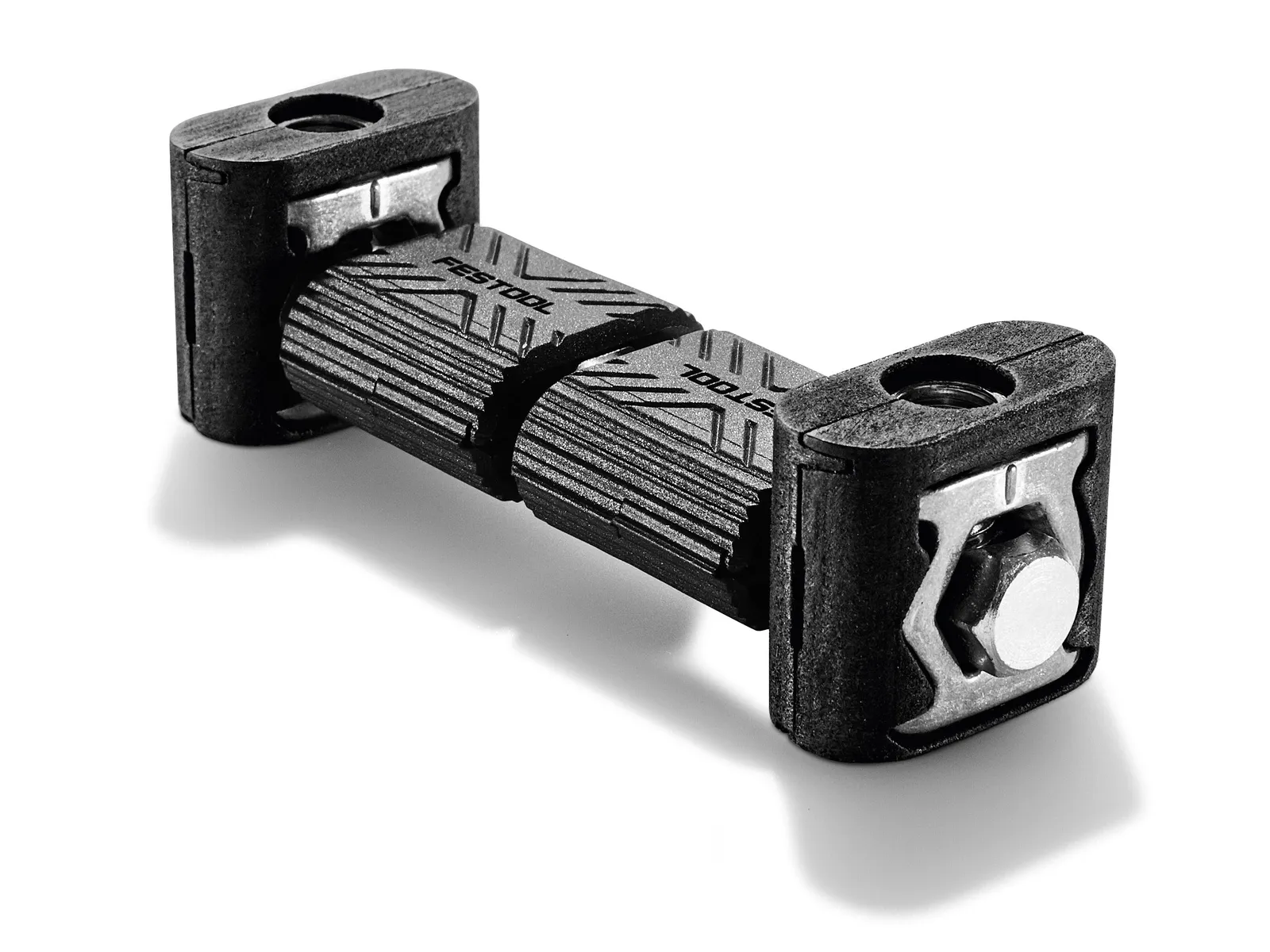 A compact black multi-tool with textured grip, metal end caps with bolts, and a cylindrical shape on a white background with soft shadow.