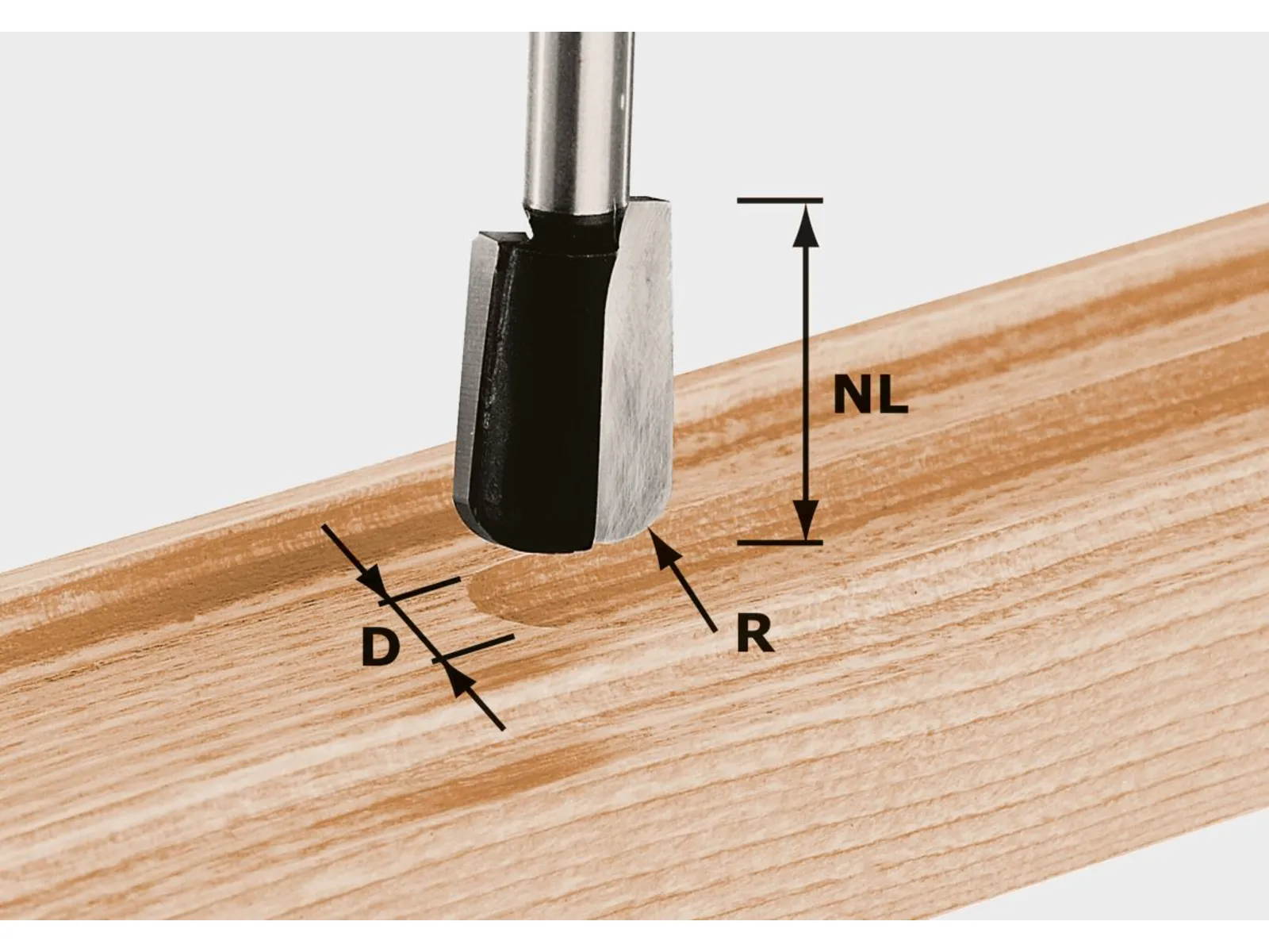 A close-up of a drill bit making a circular hole in a wooden board. Arrows highlight the hole’s diameter, radius, and depth.