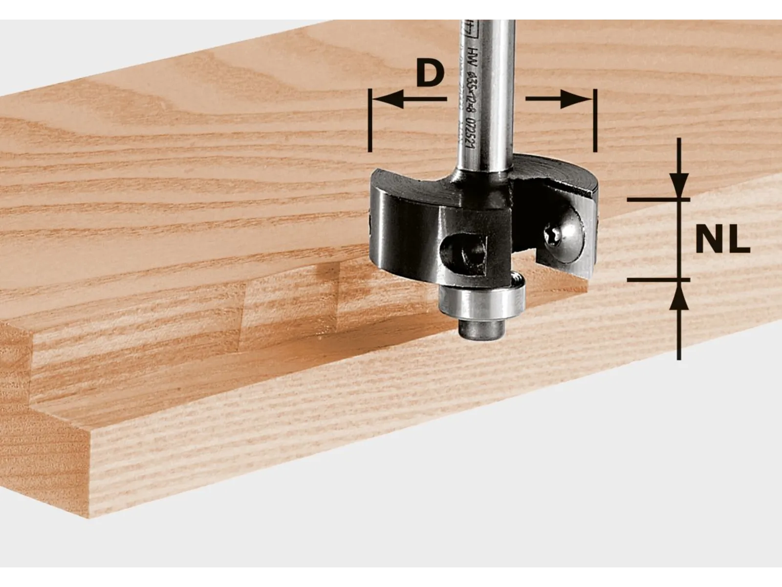 A close-up of a woodworking router bit cutting a groove in a plank of wood, with arrows showing diameter and cutting depth.