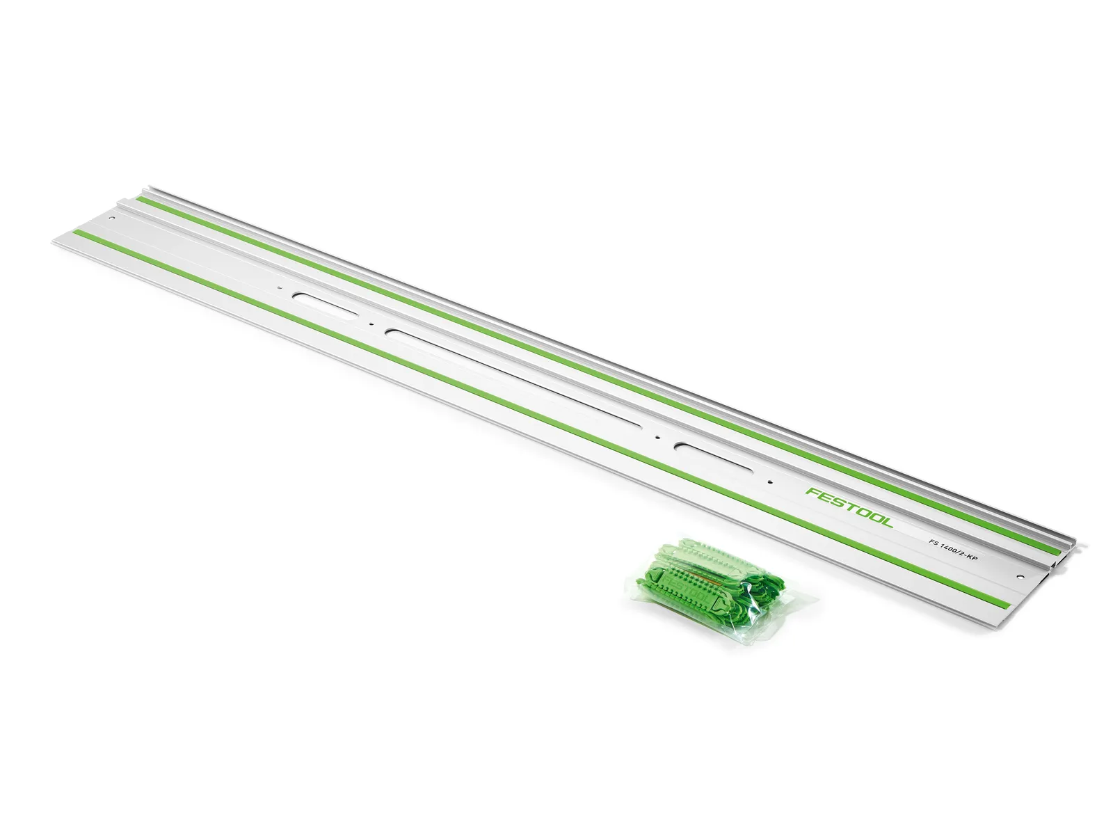 A silver Festool guide rail with green accents, green fasteners, and a Festool 491140 hand rail cutter on a white background.