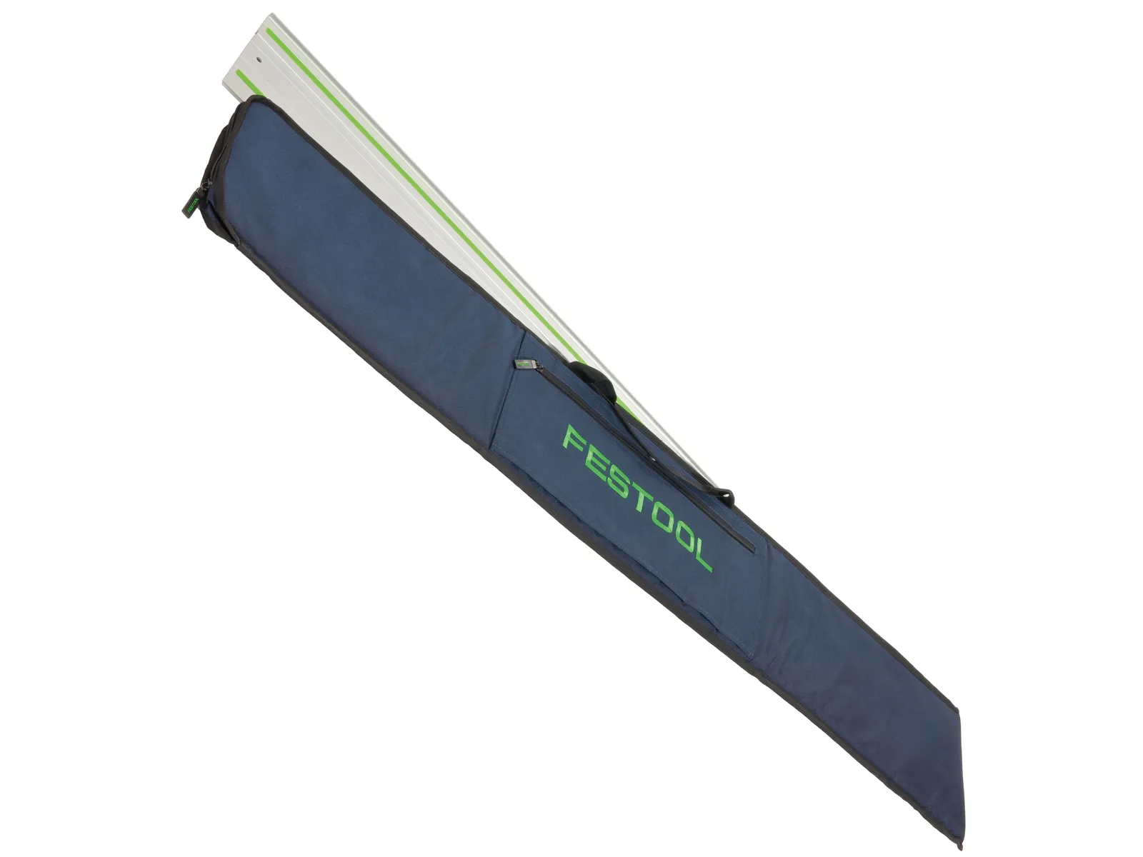 A long blue Festool bag with a green zipper, partially open to reveal a silver and green guide rail inside.