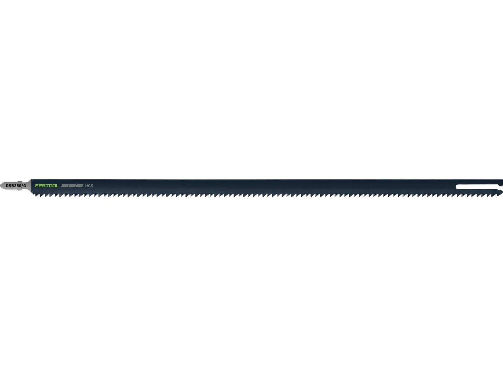 A long, black reciprocating saw blade with sharp teeth along one edge, designed for cutting.