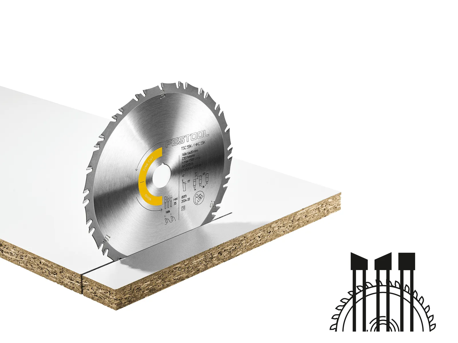 A circular saw blade cutting through a laminated wood board, with a close-up of the blade’s teeth pattern in the bottom right corner.