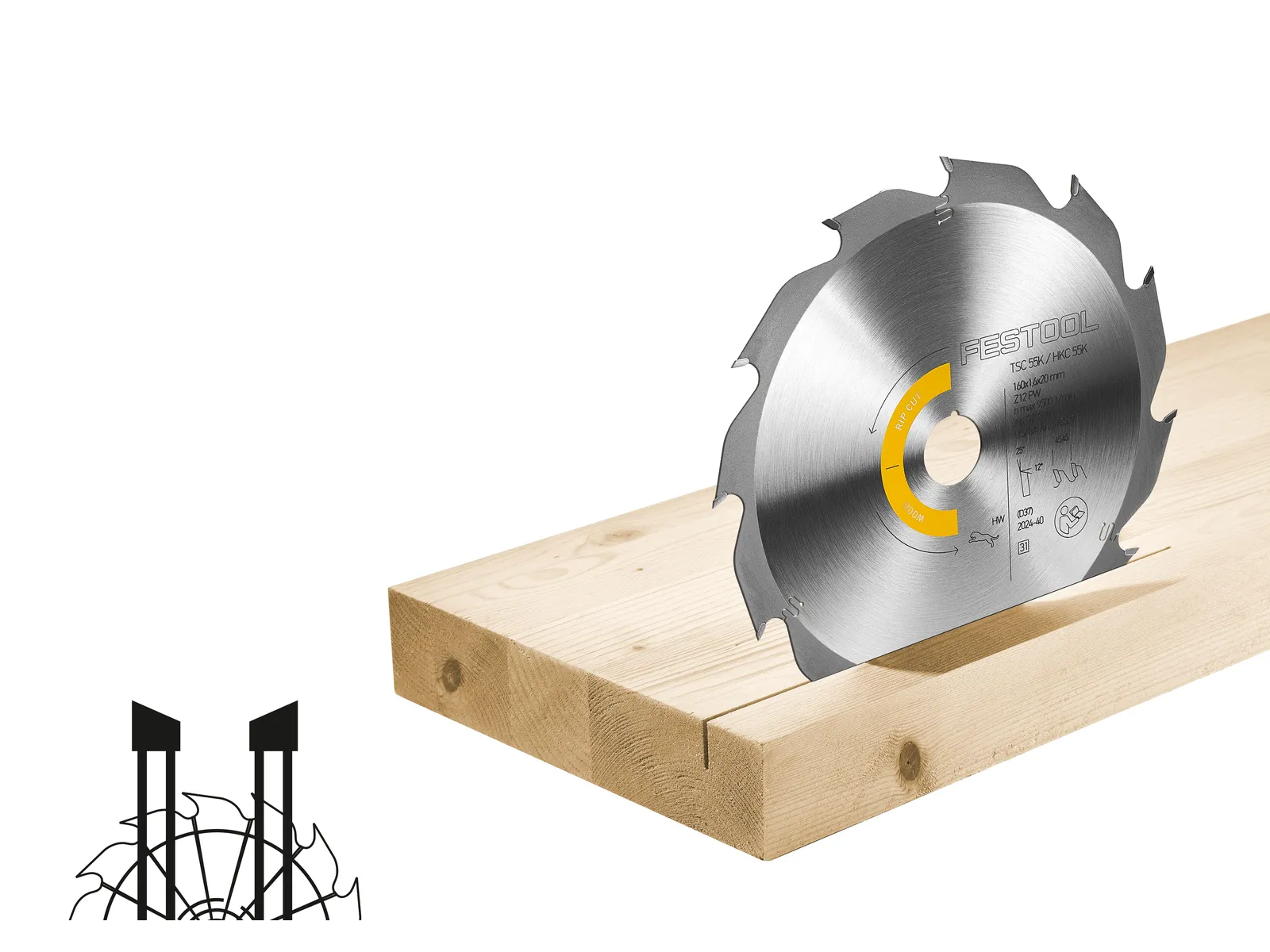 A circular saw blade is partially inserted into a wooden plank on a white background with broken wood and two nails in one corner.