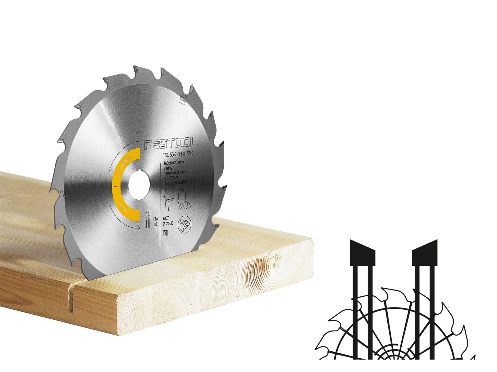 A circular saw blade stands upright on a wooden plank, with a diagram showing cutting angles and tooth positions. The background is white.
