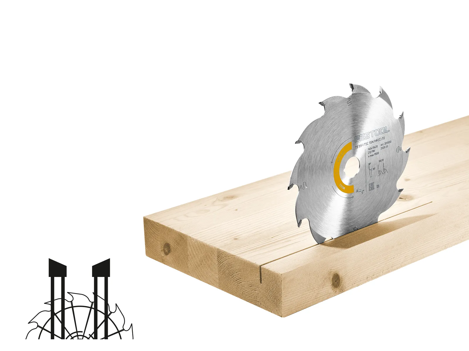 A circular saw blade stands upright in a wooden plank against a white background.