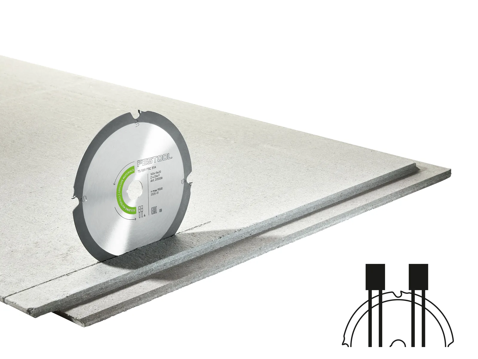 A circular saw blade slices through material, forming a neat groove; inset diagram displays side view of blade profile and action.