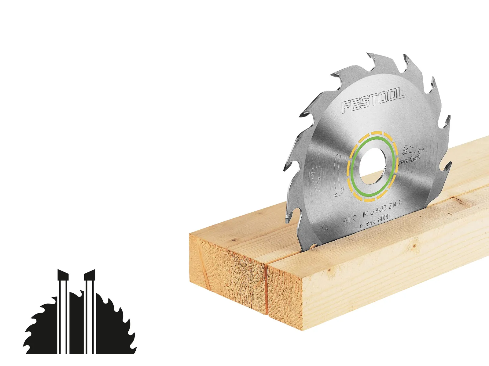 A circular saw blade is partially inserted into two stacked wooden planks. In the bottom left corner, there is a black saw blade icon.