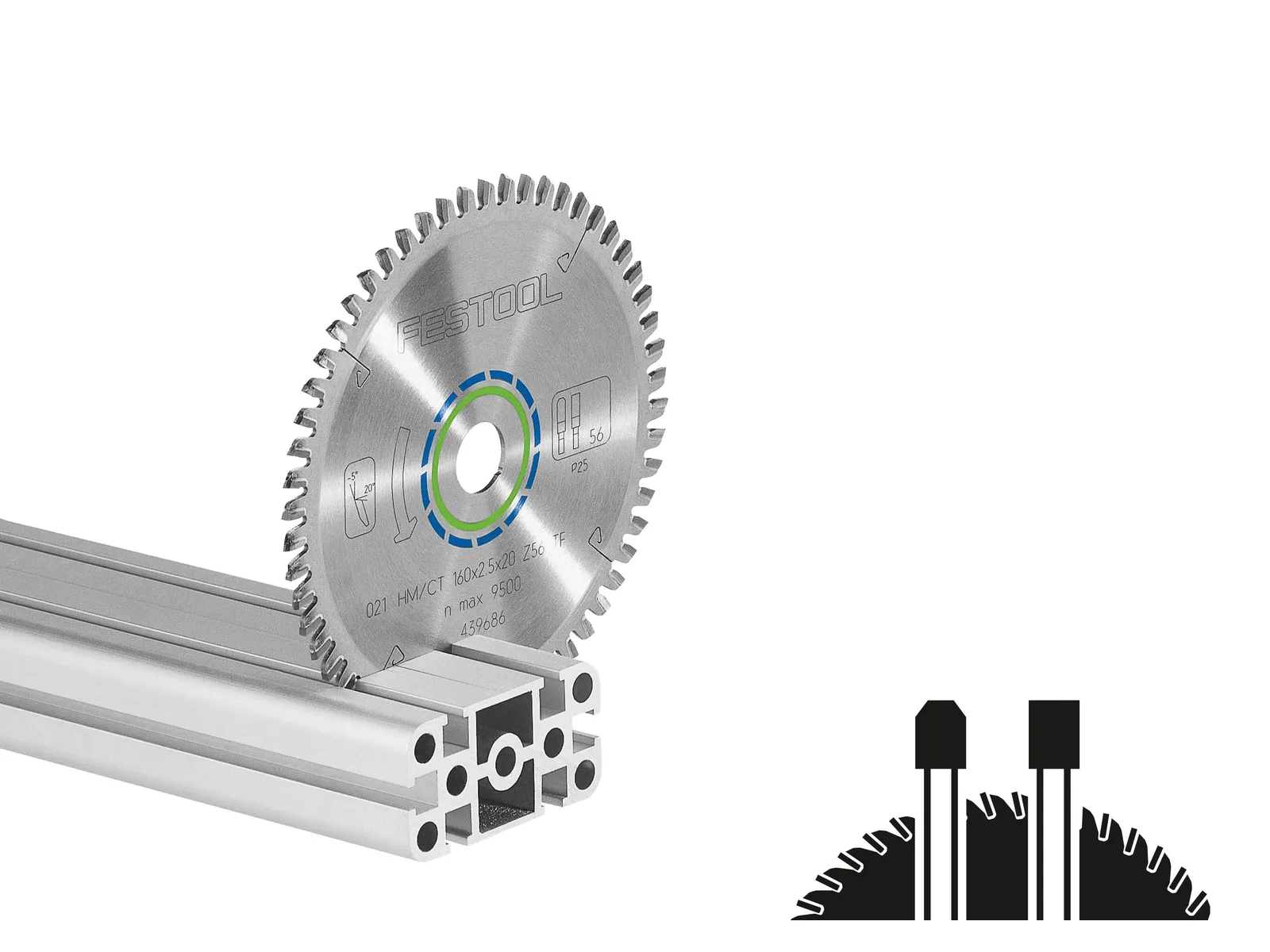 A circular saw blade stands upright in an aluminum extrusion profile; a black and white diagram shows its cross-section cutting material.